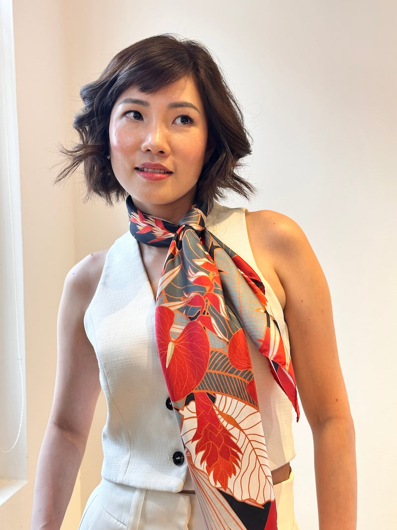 Stylish Tropical Print Silk Scarf for Women - Lightweight Fashion Accessory for Beach Parties, Summer Outfits & Vacation Essentials
