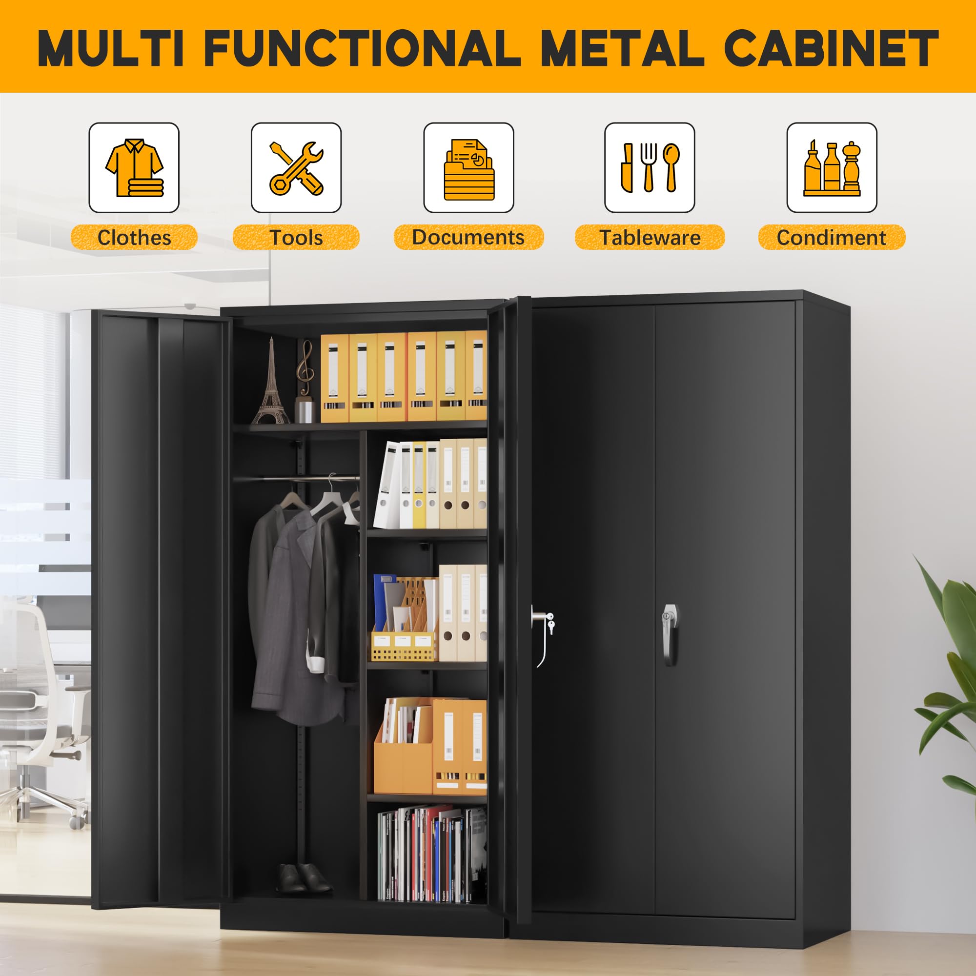 Greenvelly Black Metal Wardrobe Cabinet with Lock - Hanging Clothes Storage with Doors & Shelves for Home, Office, Bedroom, School & Gym | Space-Saving Closet Organizer for Small Spaces & Dorm Rooms