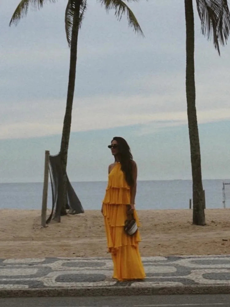 Elegant Ruffled Hem Long Dress for Women - Halter Backless Sleeveless Summer Maxi Dress | Perfect for Beach Vacations, Pool Parties & Evening Events