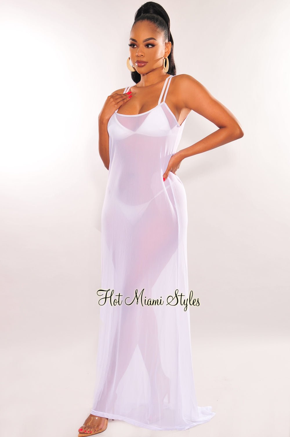 Elegant White Mesh Sheer Spaghetti Strap Maxi Dress Cover Up - Beach Wedding, Vacation, Summer Party Outfit