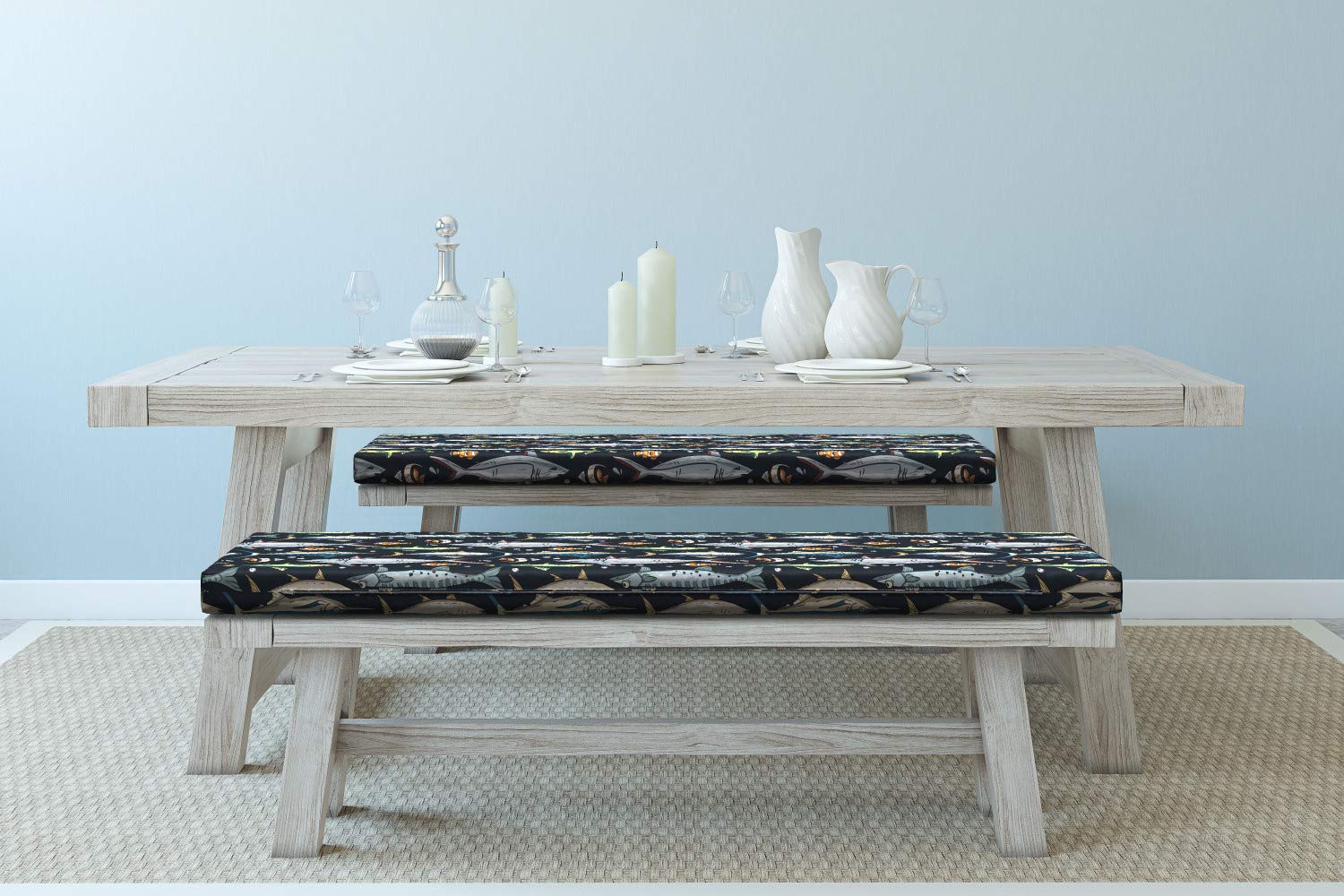 Ambesonne 2-Piece Nautical Bench Cushion Set - Ocean Fish & Bubble Pattern, 45