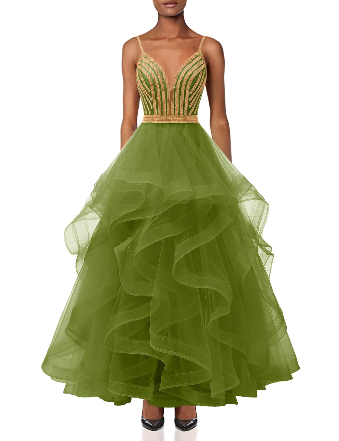 Chupeng Women's Gold Crystal Tiered Tulle Prom Dress - Elegant Spaghetti Strap Long Formal Evening Gown for Cocktail Party, Ball, Homecoming & Special Occasions