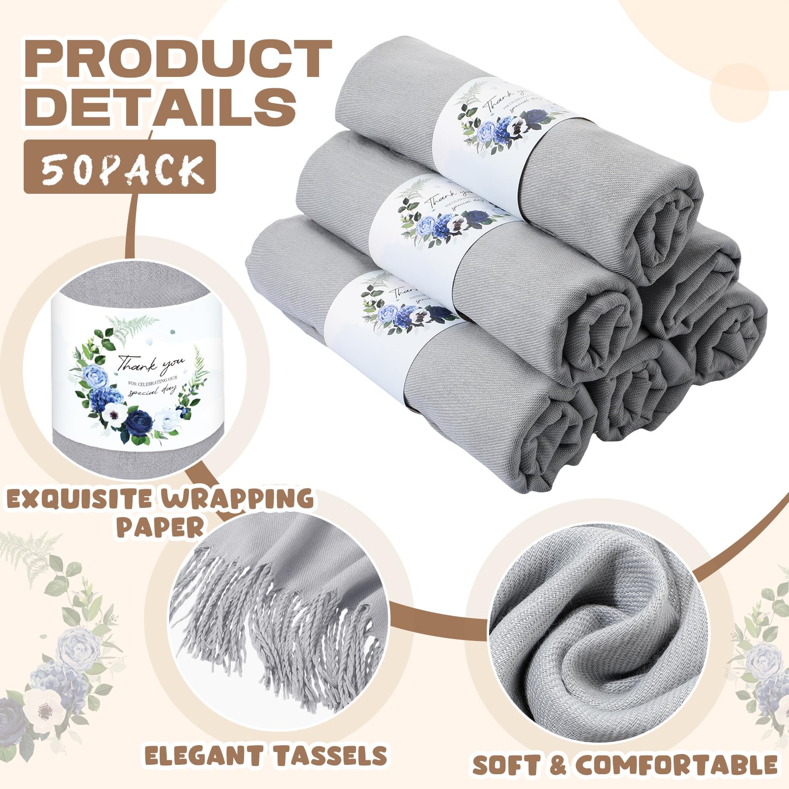 Xtinmee 50 Pack Premium Pashmina Shawls - Soft Cashmere Scarves for Wedding Guest Favors, Bridal Party, Baby Shower & Birthday Gifts - Elegant Wraps for Special Occasions & Everyday Wear