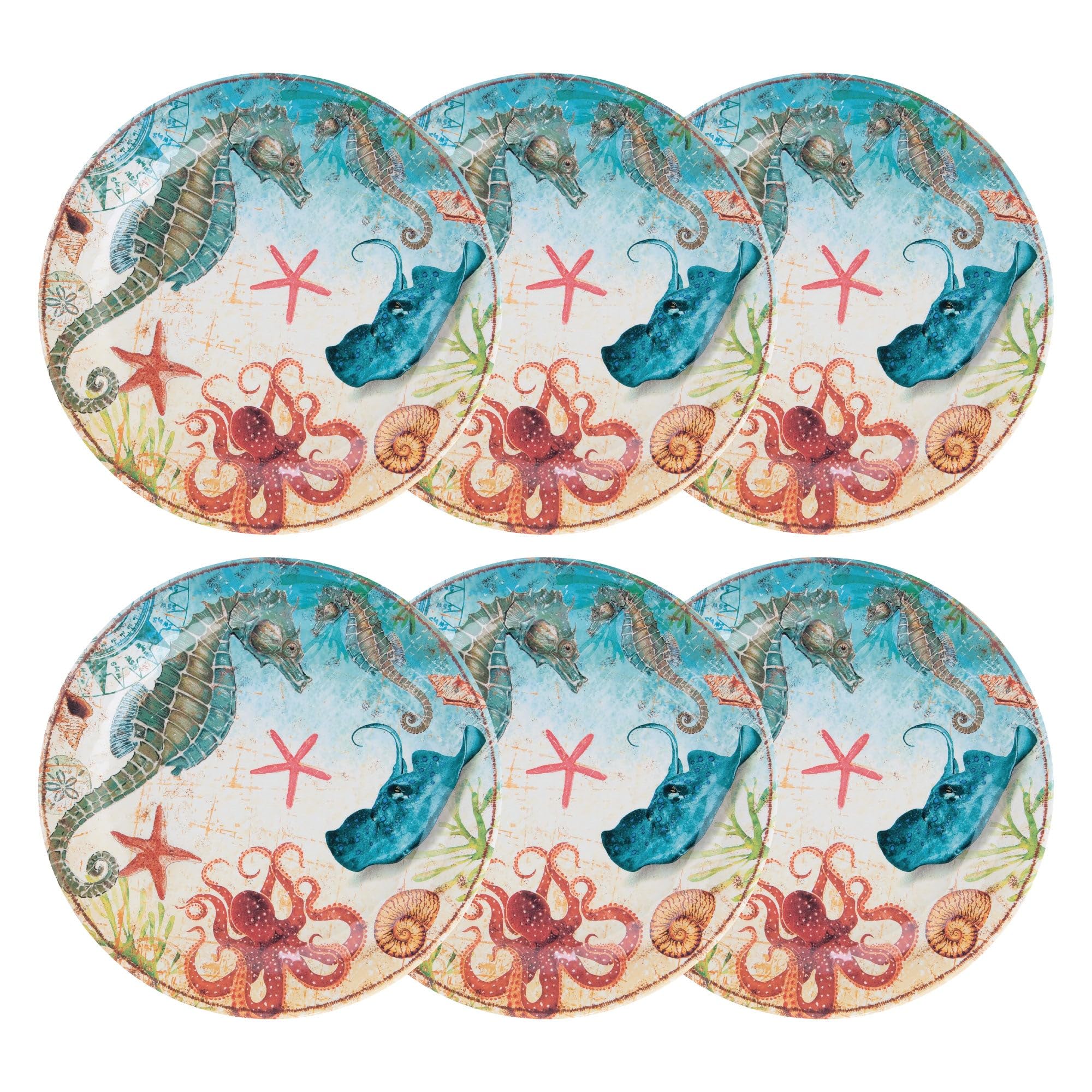 UPware 6-Piece Melamine Dinner Plate Set - BPA-Free, Dishwasher Safe 11-Inch Round Plates for Main Course, Pasta & Salad | Durable & Stylish Seahorse Design for Restaurants, Picnics & Outdoor Dining