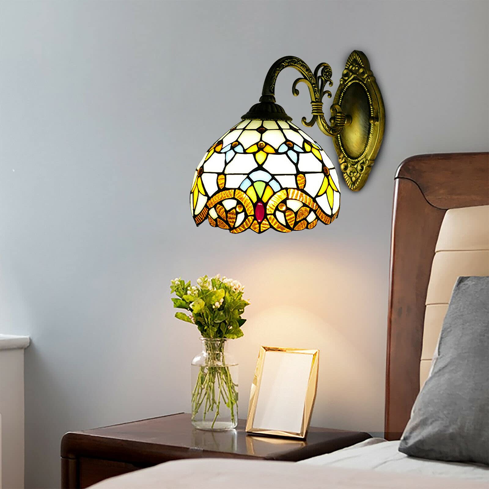 Vintage Stained Glass Wall Sconce Light - Tiffany Style Wall Mount Lamp Fixture for Living Room, Bedroom & Kitchen - Perfect for Home Decor, Ambient Lighting & Creating Cozy Atmosphere