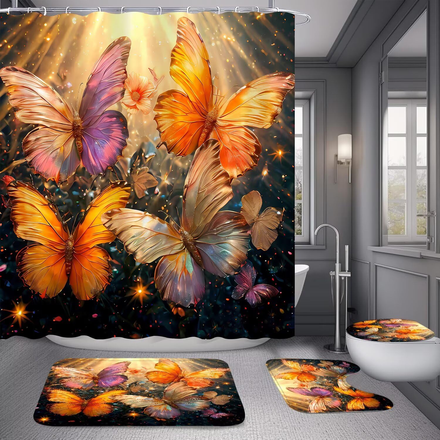 4Pcs Gold Butterfly Shower Curtain Set - Elegant Bathroom Decor with 12 Hooks, Rugs & Toilet Lid Cover - Waterproof Luxury Bath Accessories for Modern Home & Spa-Like Bathroom Experience