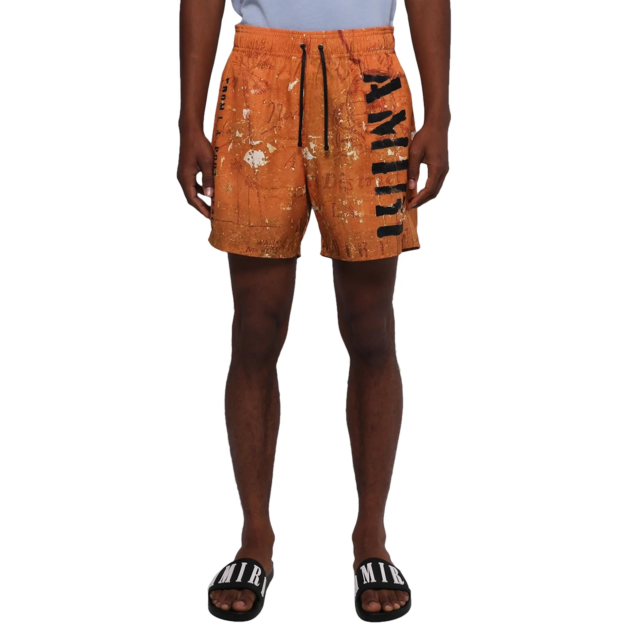 Amiri Stencil Military Orange Swim Shorts for Men - Quick-Dry Beach Swimwear with Comfortable Fit - Perfect for Swimming, Surfing, and Summer Vacations
