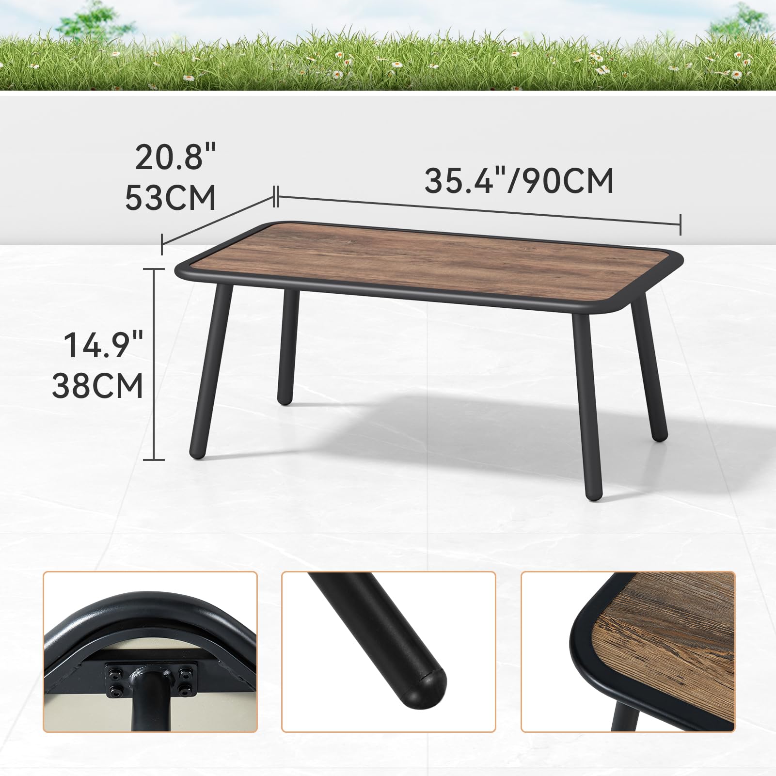 Rustic Metal Outdoor Coffee Table with Wood Look Top - Small Rectangle Side Table for Patio, Garden, Deck or Poolside Use