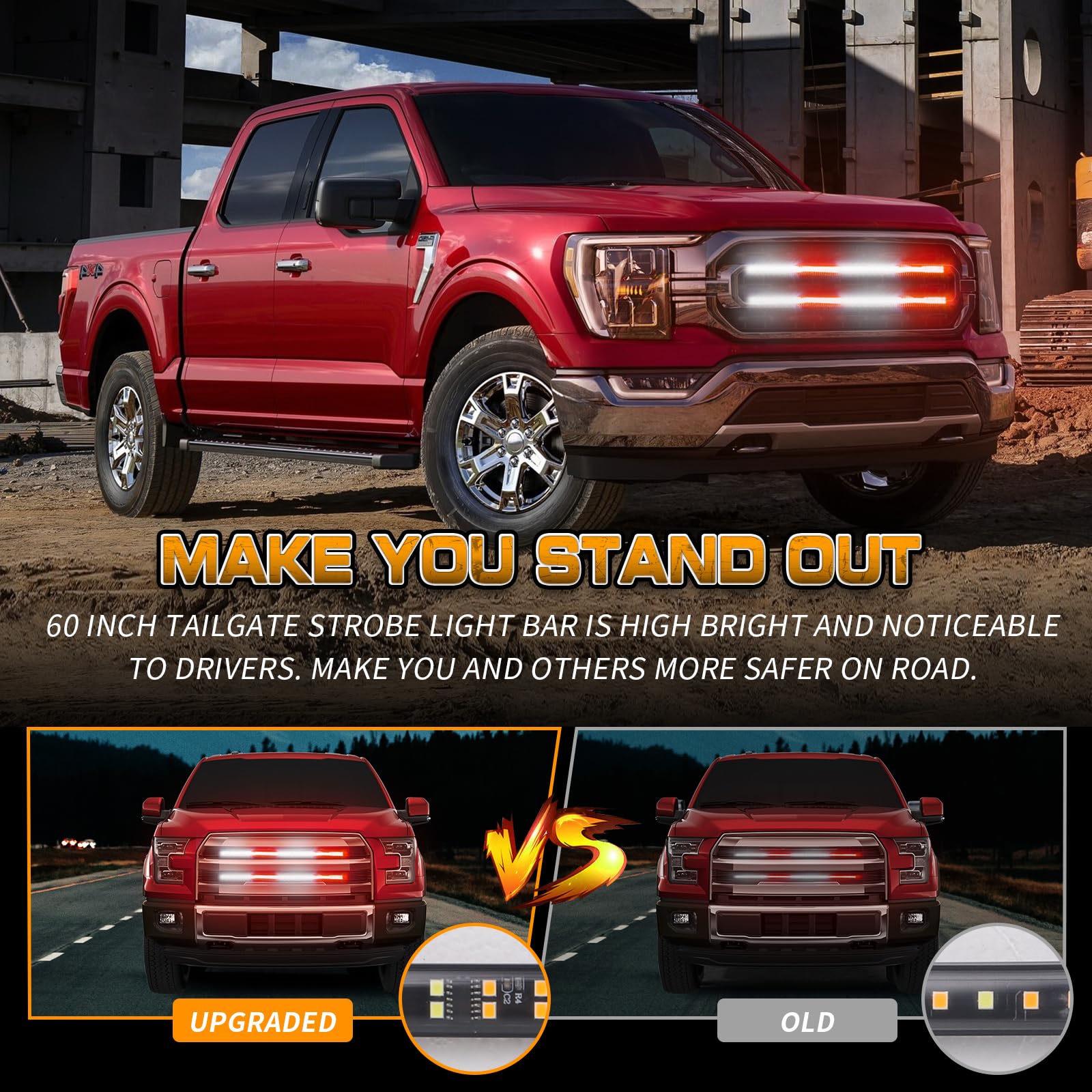 XRIDONSEN 2PCS 24 Inch LED Truck Grill Emergency Lights - 288 Red & White Strobe Flashing Warning Lights for Fire Trucks, Pickup, Emergency Vehicles | Waterproof, Durable Safety Lights for First Responders & Roadside Assistance