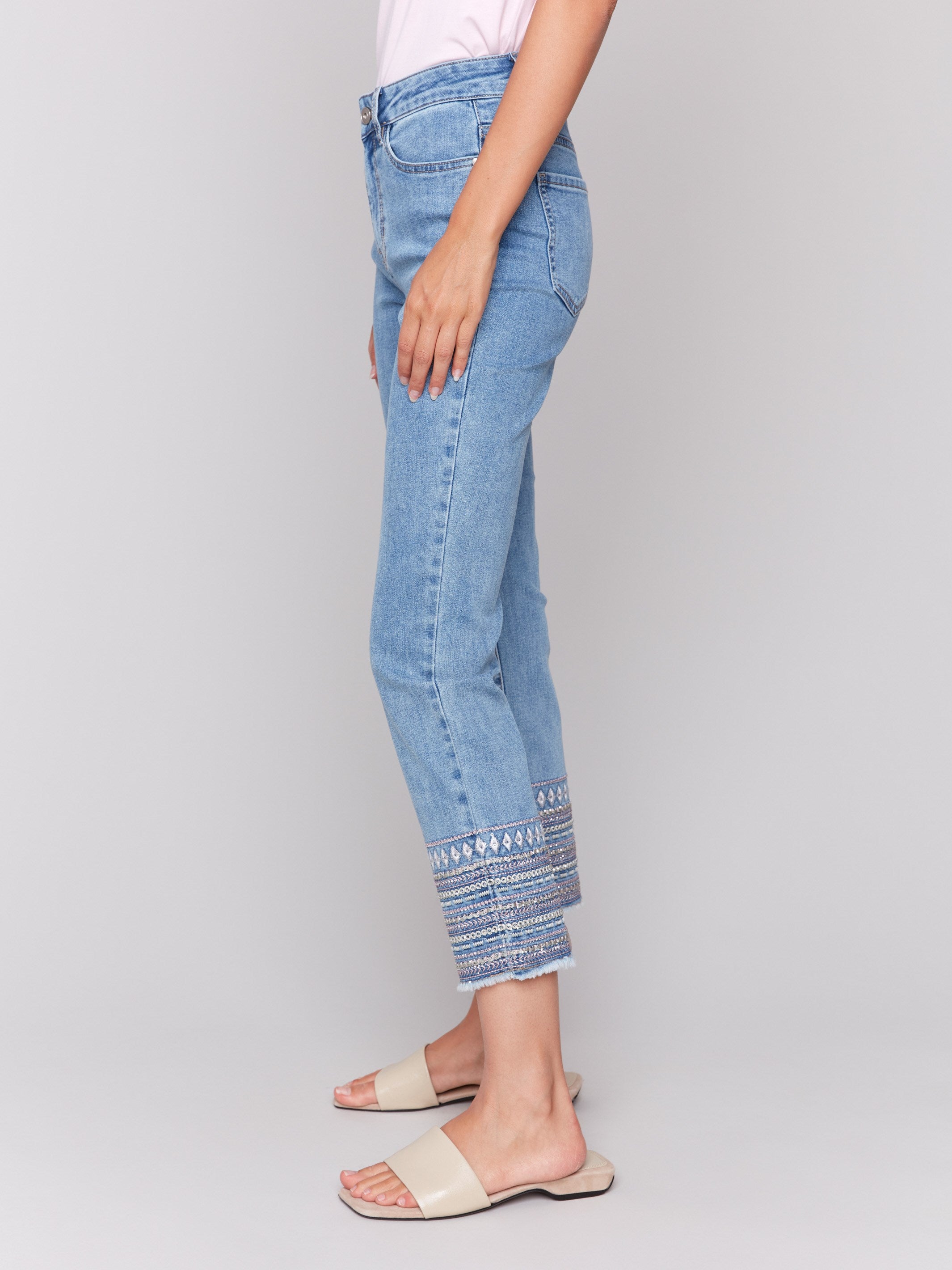 Best Embroidered Hem Jeans for Women - Light Blue Distressed Denim Skinny Jeans - Perfect for Casual Outfits & Streetwear Fashion