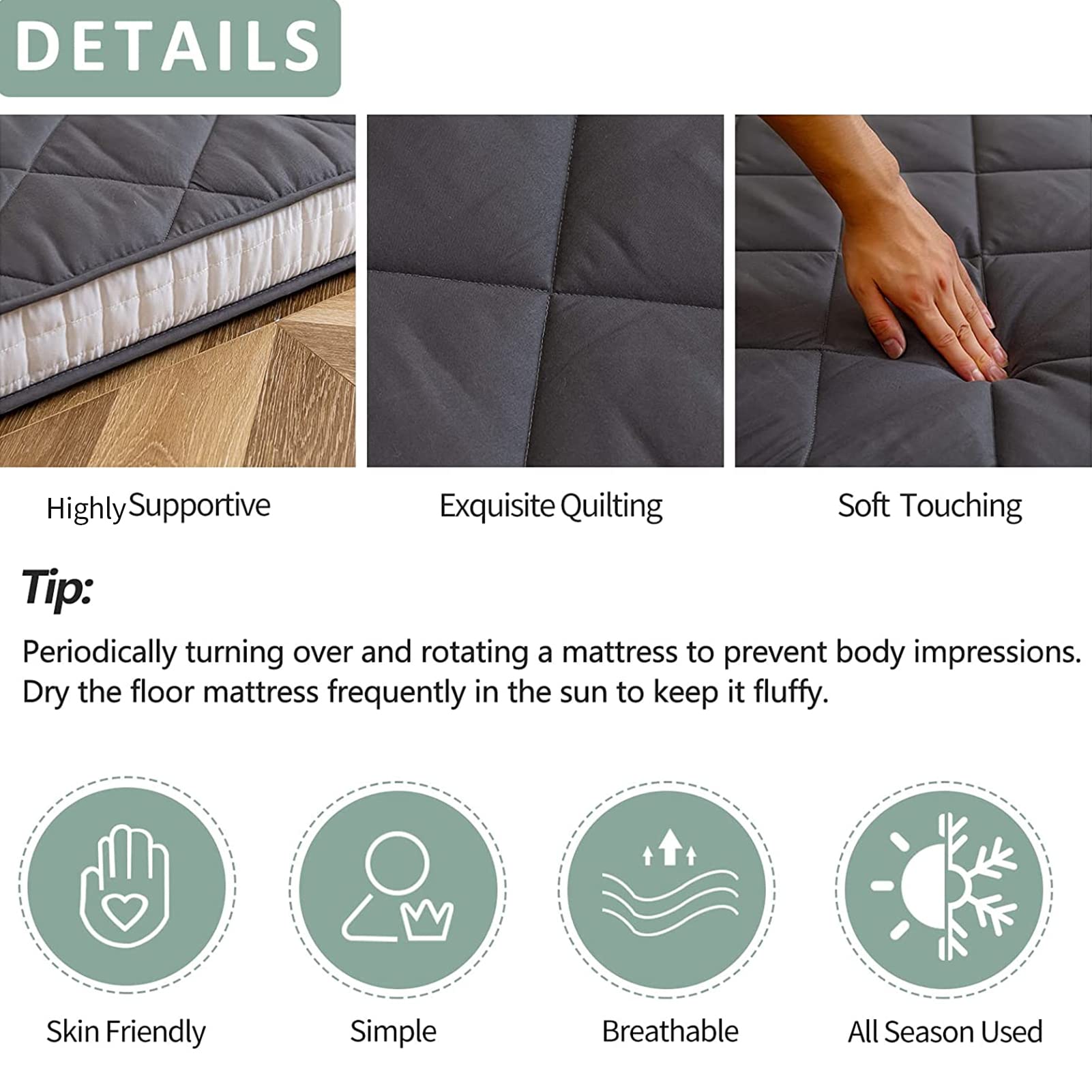 MAXYOYO Japanese Floor Futon Mattress - Full/Queen Size Foldable Floor Bed with Diamond Pattern | Portable Foam Mattress for Adults | Ideal for Guest Rooms, Small Apartments & Camping (Dark Grey)