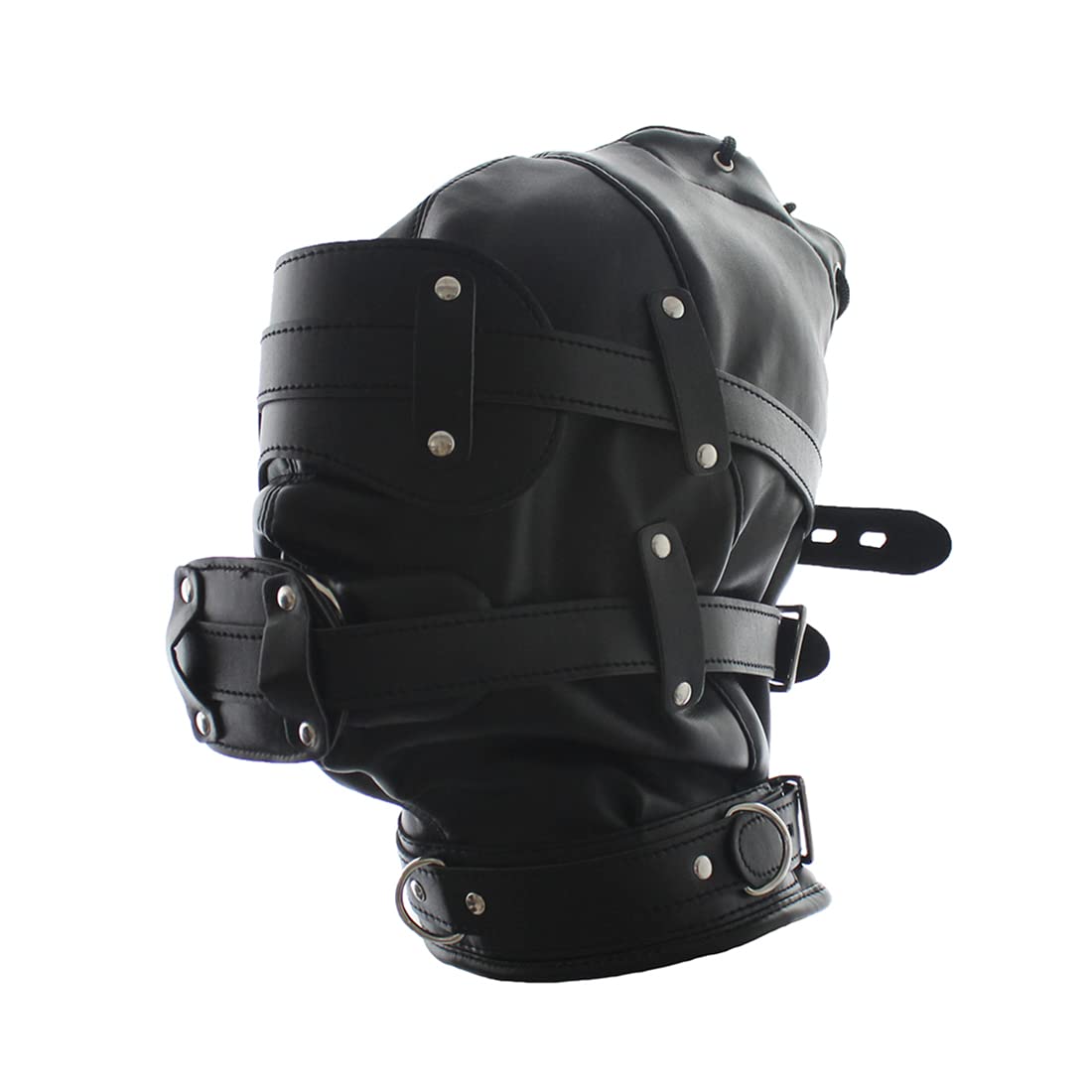 Black Leather Adjustable Blindfold Head Hood - Removable Cosplay Mask for Halloween & BDSM - Soft Face Cover for Role Play & Costume Parties