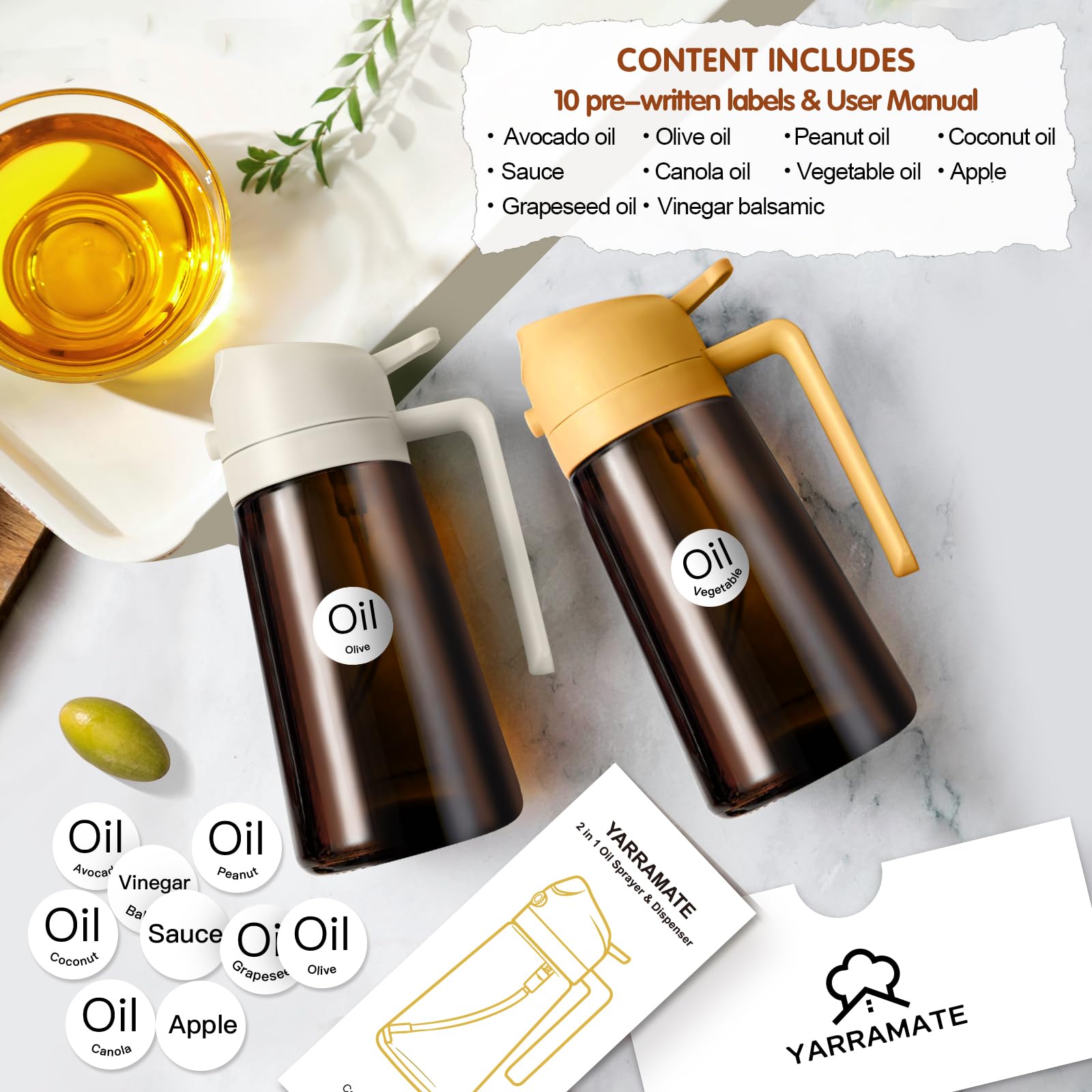 Premium 16oz/470ml Dark Amber Glass Oil Sprayer - 2-in-1 Light-Blocking Olive Oil Dispenser for Cooking, Kitchen & Air Fryer | Food Grade Oil Mister for Healthy Cooking, BBQ, Salad Dressing & Baking (White)