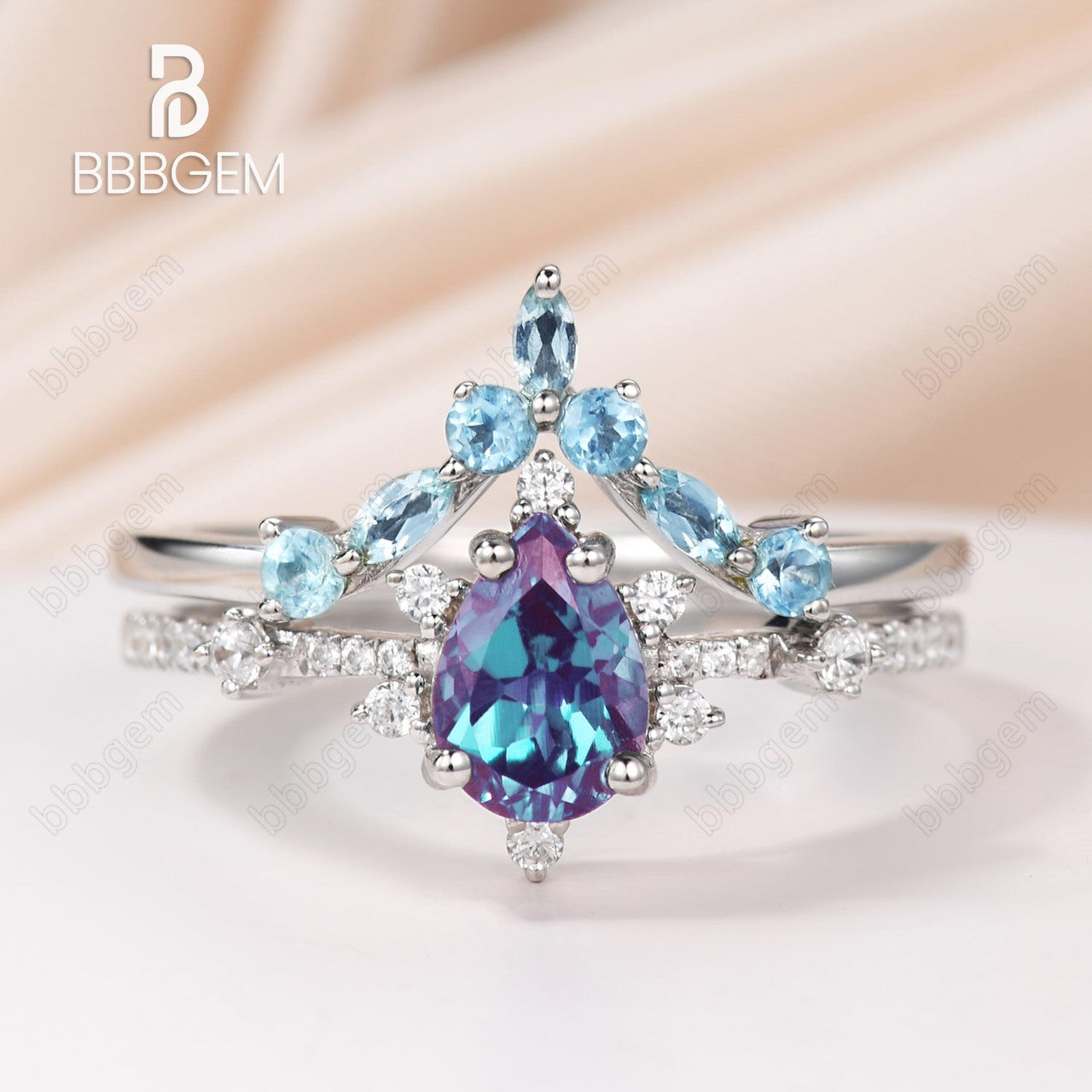 Exquisite Pear Cut Alexandrite Engagement Ring with Curved Topaz Matching Band - Perfect for Proposals, Anniversaries & Special Occasions