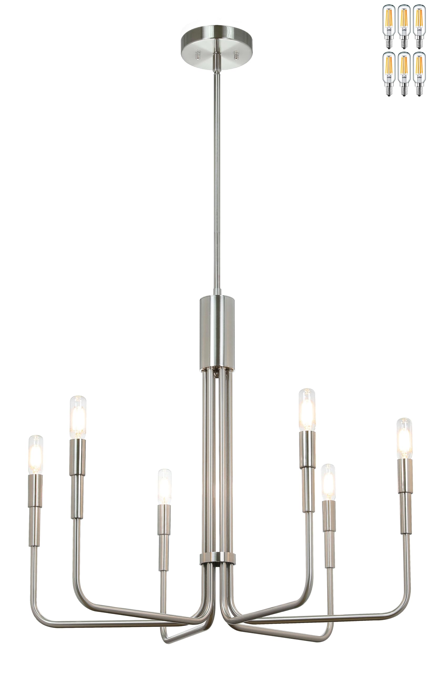 XiNBEi Modern Adjustable LED Chandelier Pendant Light - Nickel Finish Ceiling Fixture with Dimmable Bulbs for Living Room, Dining Room & Bedroom Lighting Decor | XB-C1213-6-BN