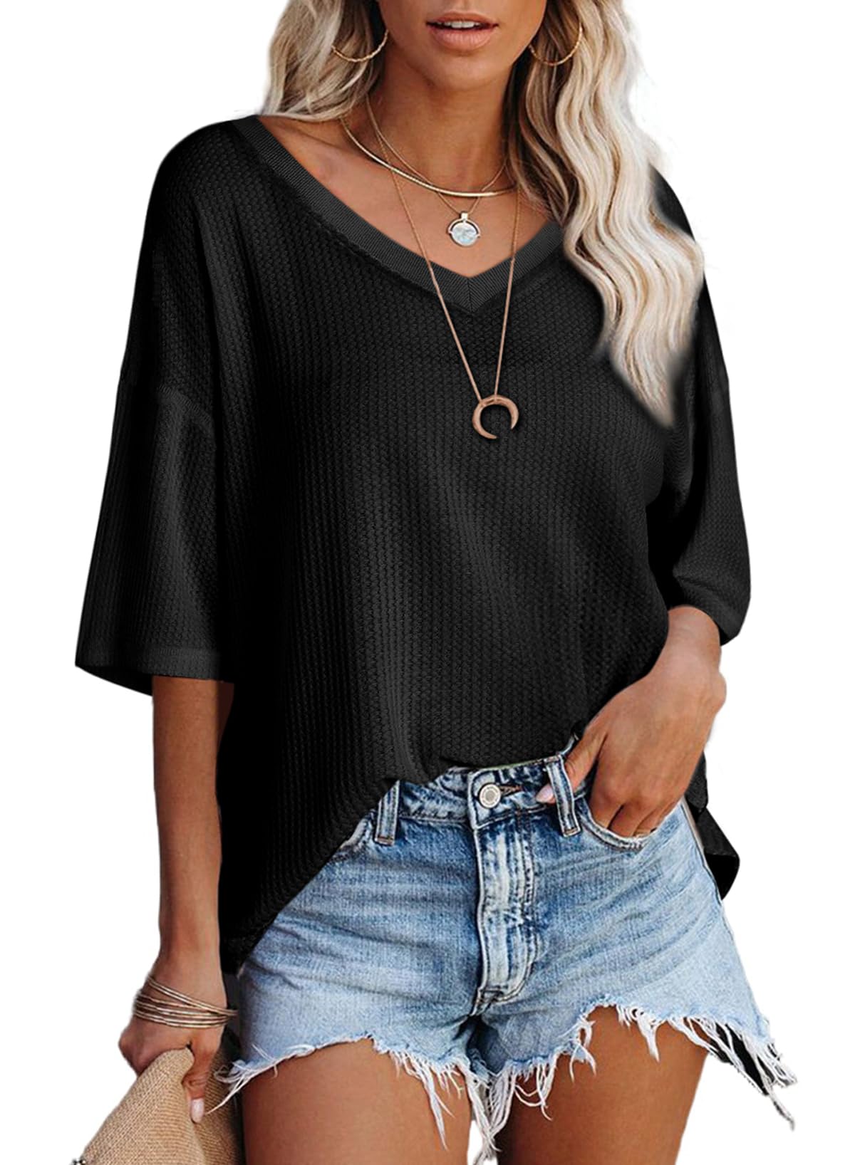 SHEWIN Women's Casual Waffle Knit T-Shirt - Short Sleeve V-Neck Summer Top for Women | Comfortable Everyday Wear, Outfits, and Layering