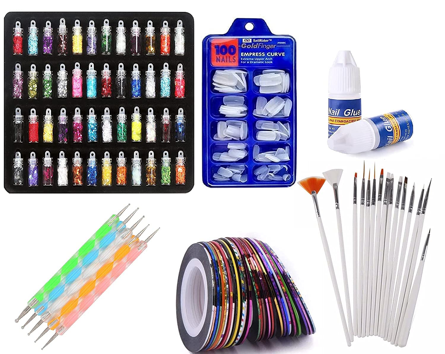 Premium Mwezi Nail Art Kit - 48 Pcs Glass Glitter Bottles, 100 Fake Nails, 10 Nail Tapes, 15 Nail Brushes & 5 Dotting Pens with Glue | DIY Manicure Set for Home Salon, Party Nail Designs & Gift Ideas