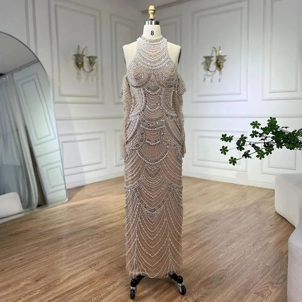 Luxury Dubai Arabian Nude Mermaid Evening Gown with Pearl Beading - Elegant Formal Dress for Weddings, Galas & Special Occasions - LA72091A