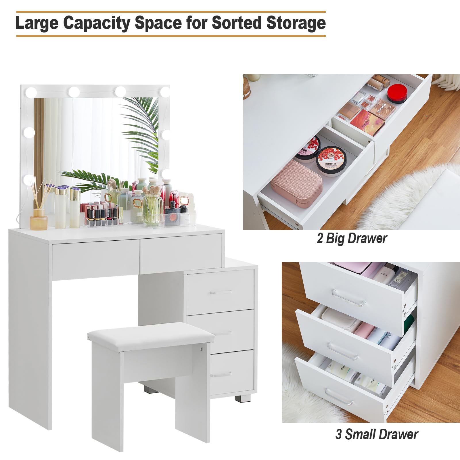 TUKAILAi LED Lighted Makeup Vanity Table with Stool - 5-Drawer Hollywood Mirror Desk for Bedroom, Modern Cosmetic Dressing Table with Lights (White) - Perfect for Home Beauty Salon & Makeup Application