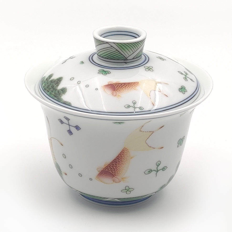 Hand-Painted Enamel Polychrome Porcelain Goldfish Gaiwan Tea Set - Traditional Chinese Tea Cup with Lid & Saucer for Loose Leaf Tea Ceremony, Gift & Home Decor