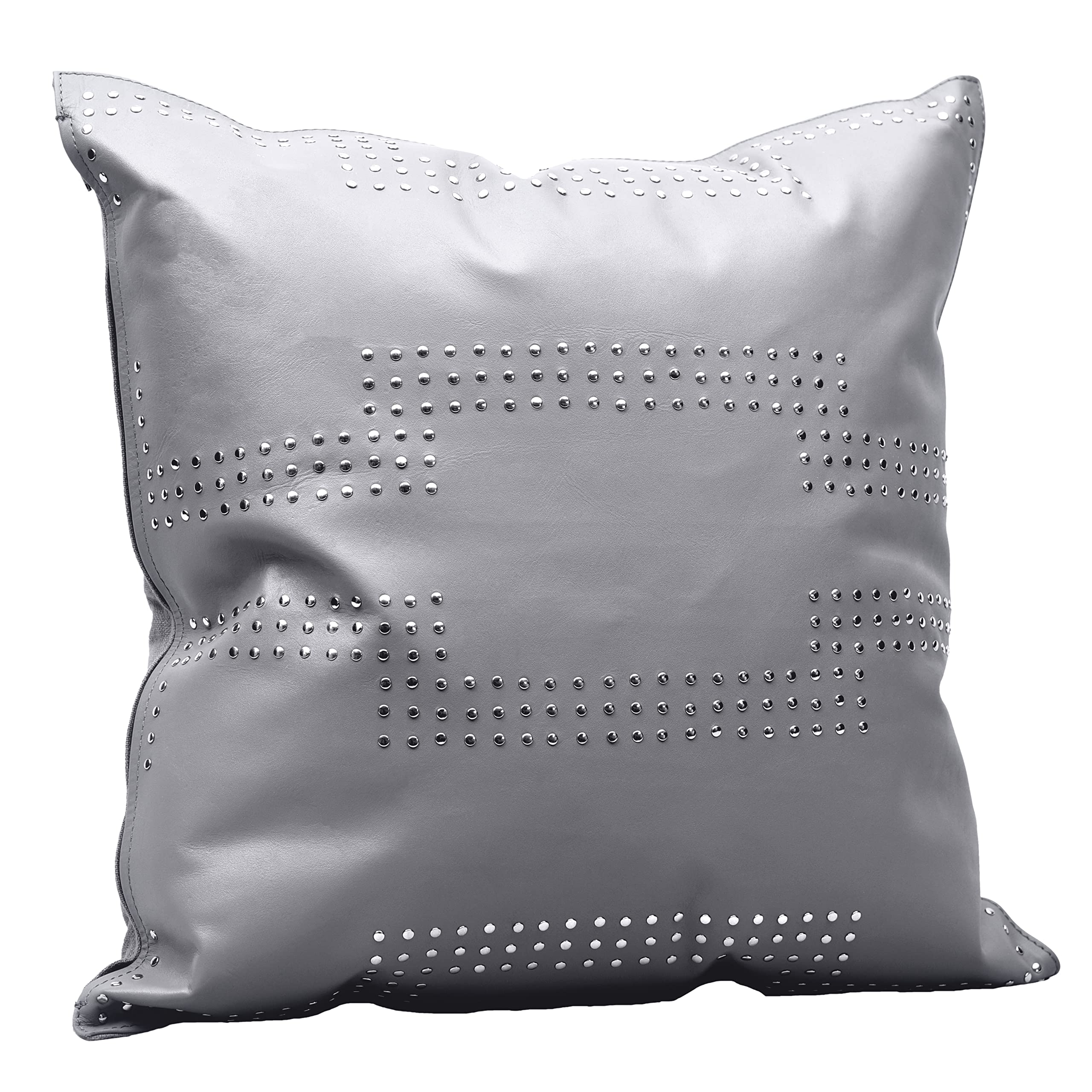 Genuine Leather Geometric Studded Throw Pillow 20x20 Inch - Solid Gray Modern Western Style Decorative Cushion for Sofa, Bed, Living Room & Home Decor