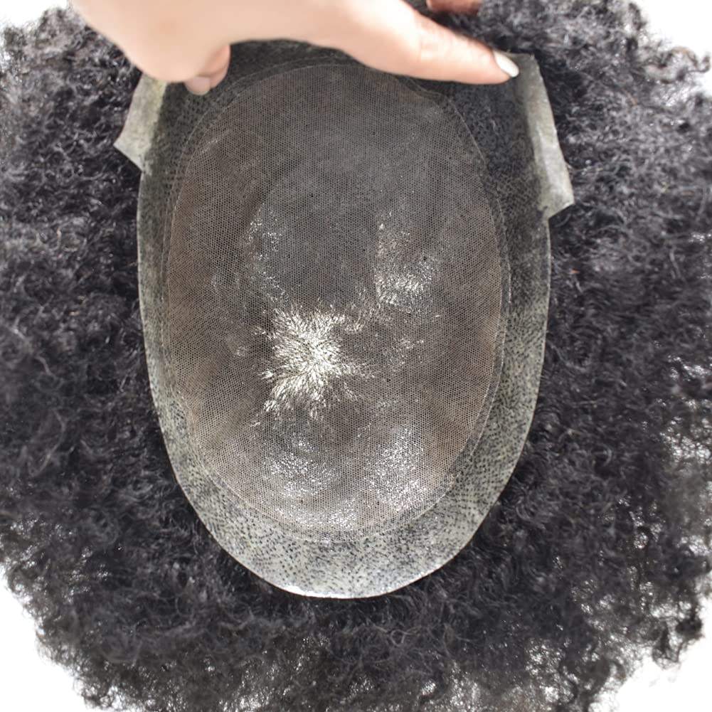 Natural Human Hair Kinky Curly Afro Wig for Black Men - Hand-Tied Injected PU Hair System (10mm Wave, #1B Off Black) | Durable Full Poly Hairpiece for African American Men | Perfect for Daily Wear, Cosplay & Special Events