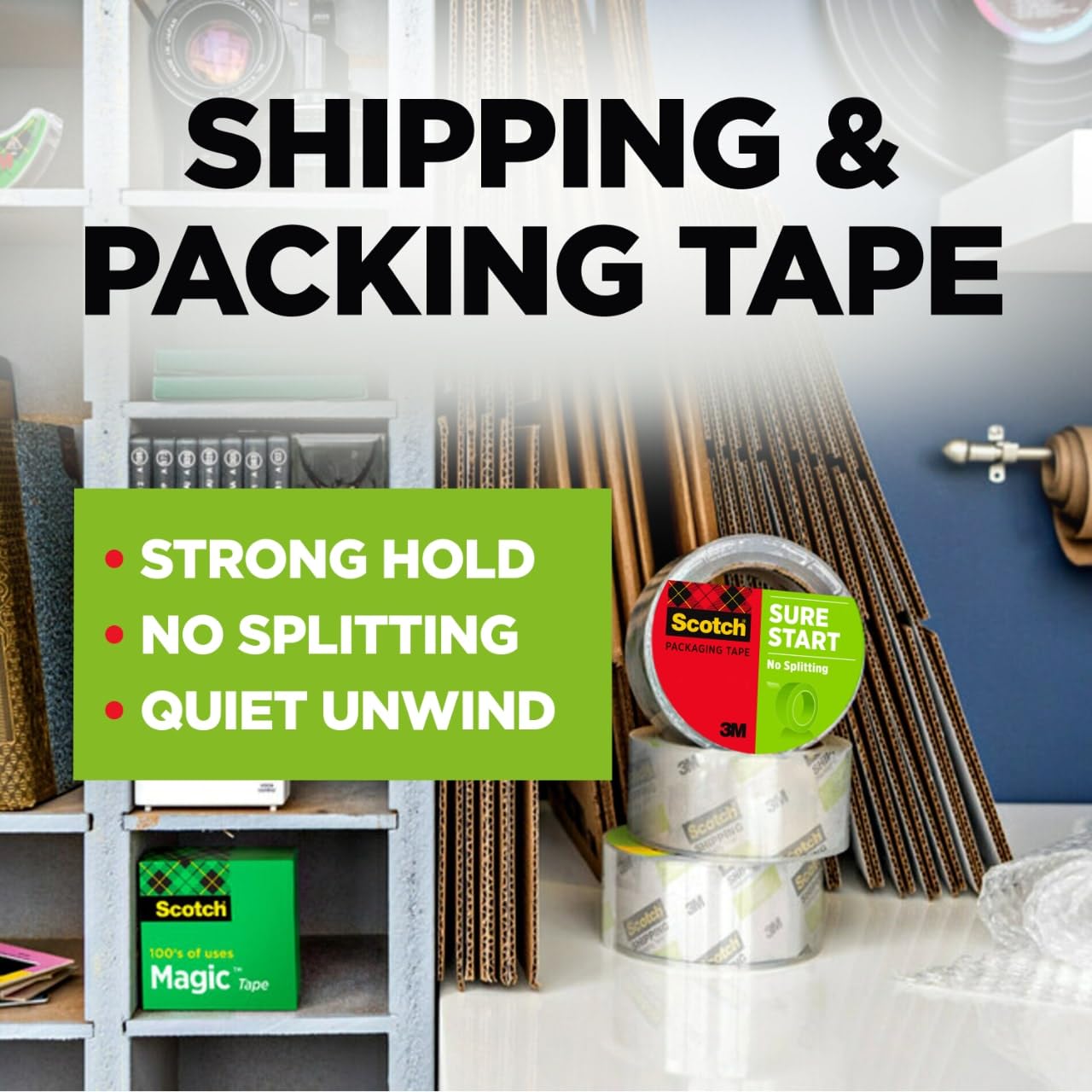 Scotch Sure Start Packing Tape - 1.88 Inch x 54.6 Yard, 8 Rolls - Clear, Quiet Unwind, Easy Start - Perfect for Shipping Boxes, Moving & Packaging Supplies