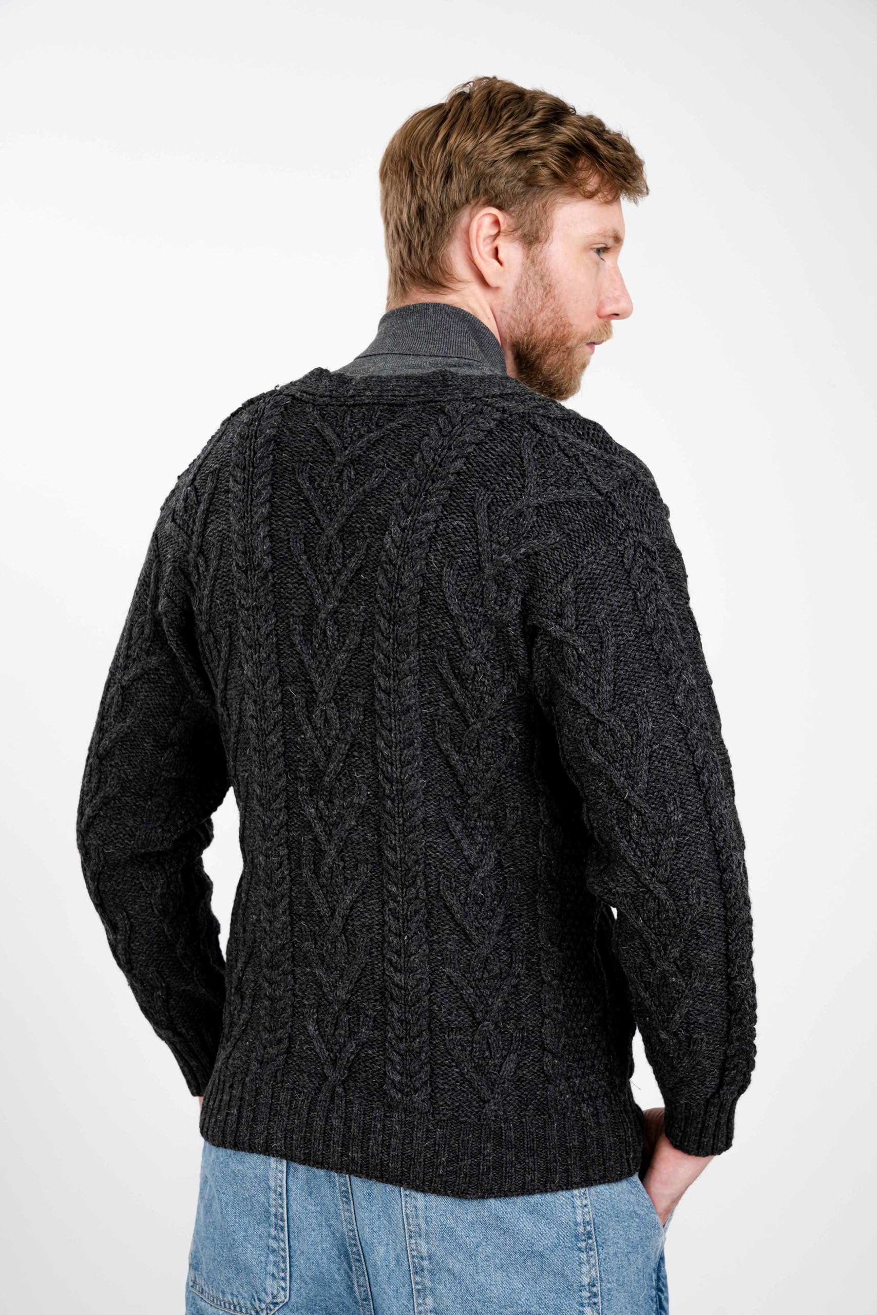 SAOL 100% Merino Wool Men's Aran Cable Knit V-Neck Cardigan Sweater - Irish Style Button-Up Casual Pullover with Pockets - Perfect for Fall, Winter & Office Wear