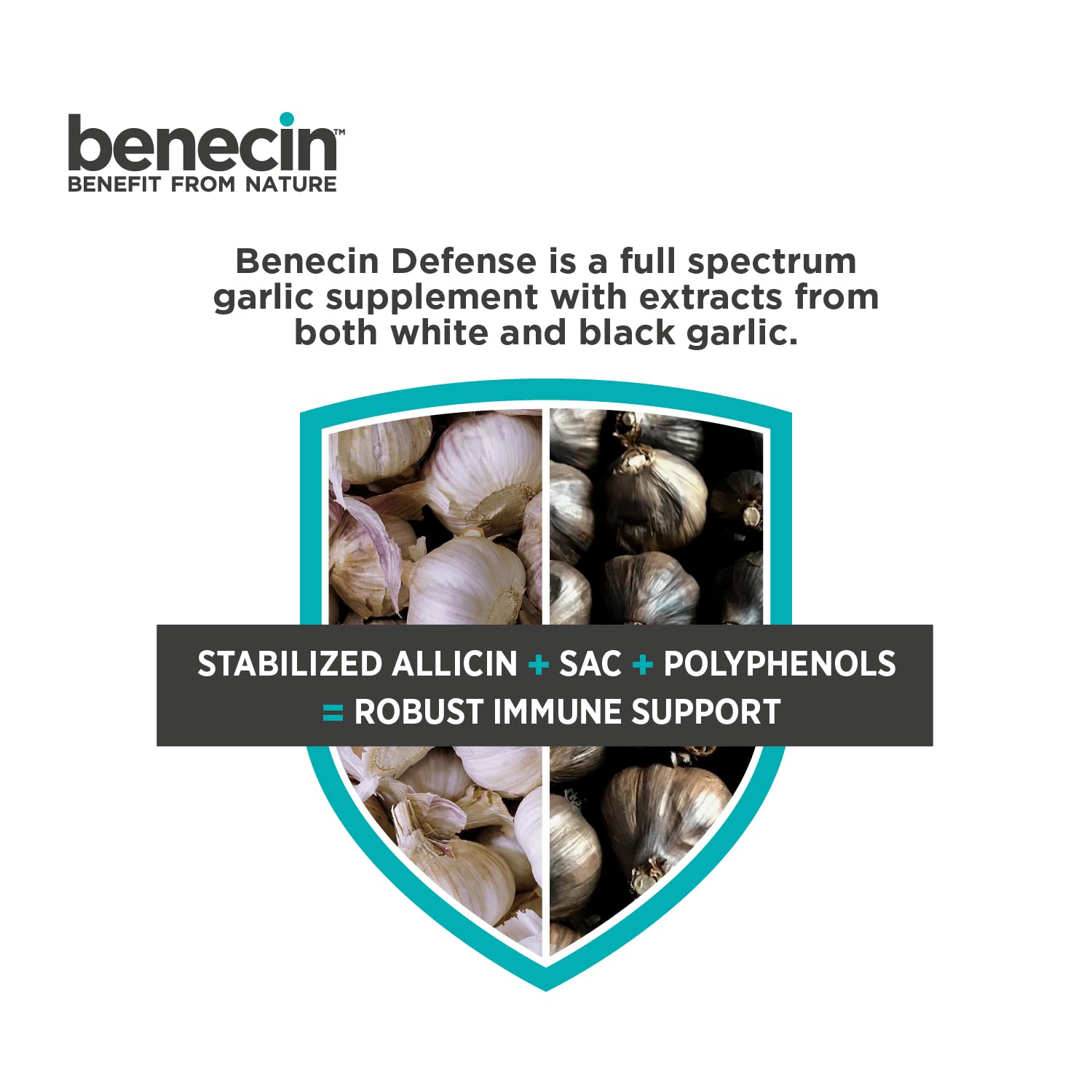 Benecin Defense 1500 mcg Stabilized Allicin Capsules - High Potency SAC & Black Garlic Polyphenols | Immune & Heart Health Support | Vegetarian Supplement (180 Count) | Daily Wellness & Immune Boosting
