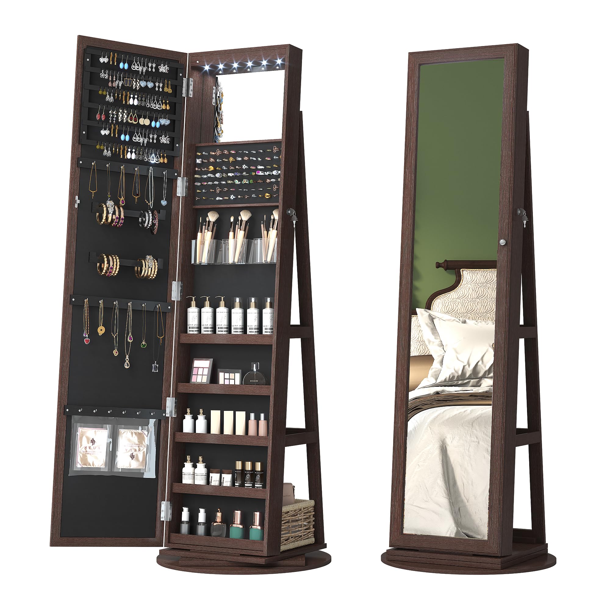 360° Swivel Jewelry Cabinet with Full-Length Mirror - Freestanding Jewelry Armoire Organizer for Bedroom & Dressing Room (Dark Brown) | Perfect for Closet Organization & Home Decor