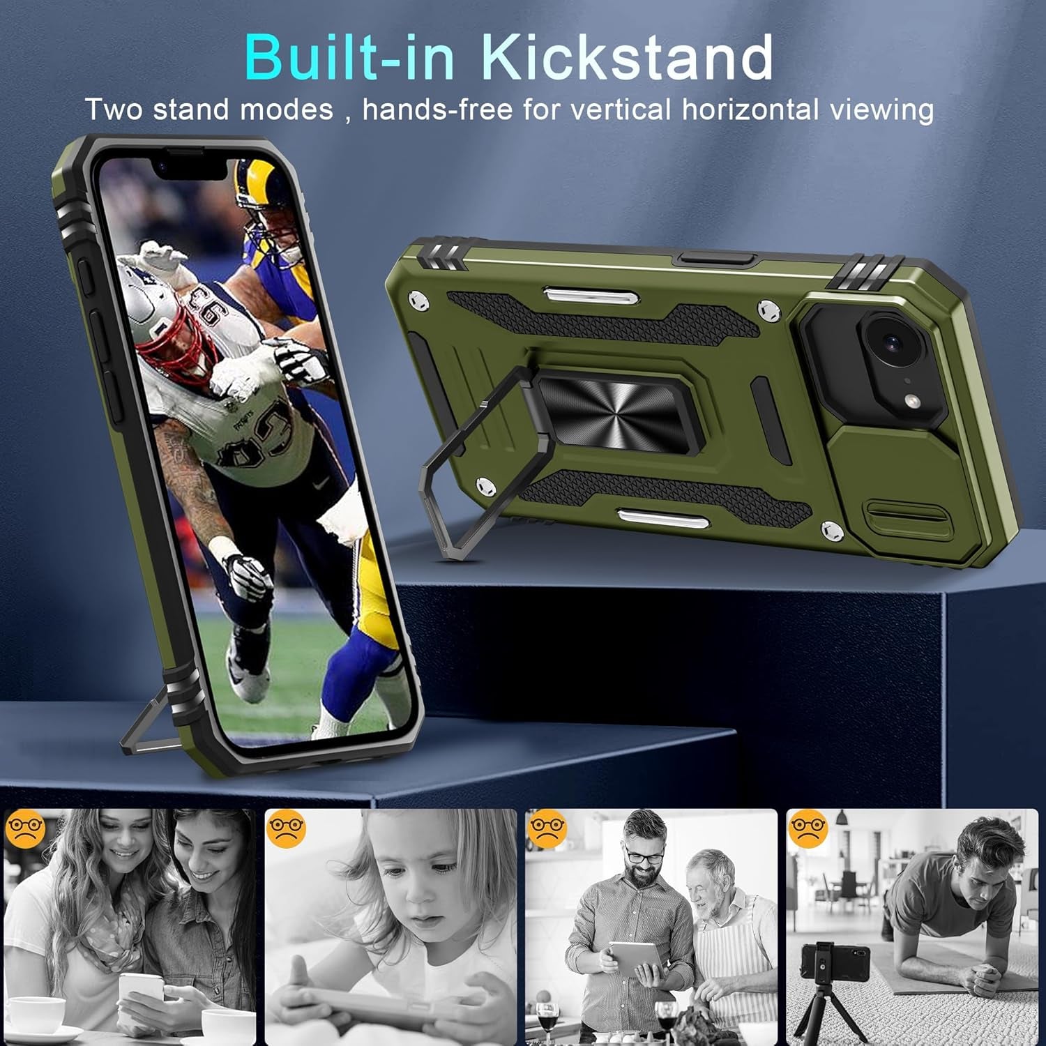 iPhone 16E Ring Kickstand Slide Camera Case - Shockproof Protective Phone Cover with 360° Rotatable Ring & Adjustable Stand - Perfect for Travel, Vlogging, and Hands-Free Viewing