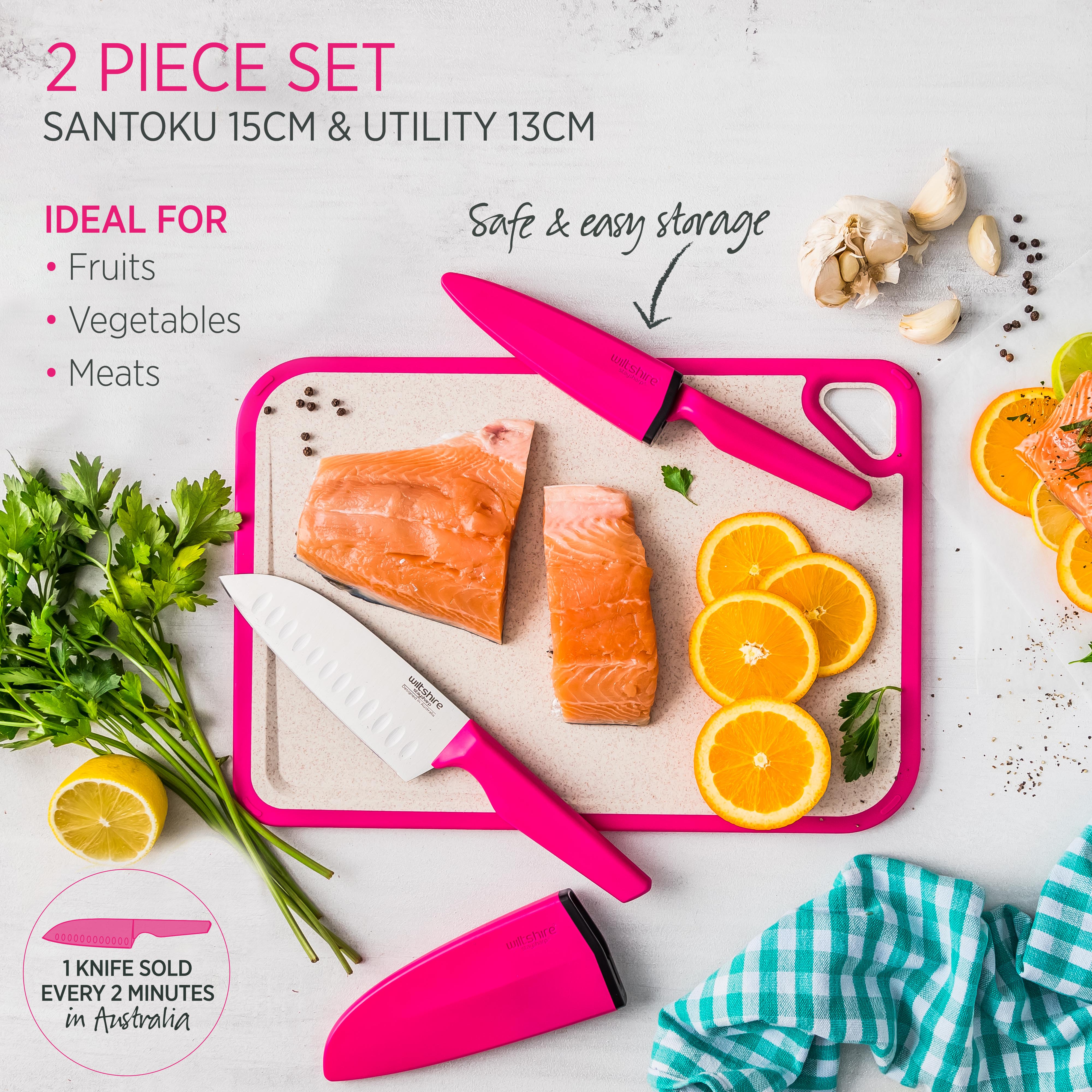 StaySharp Pink Duo Set - 2-Piece Santoku & Utility Knife for Kitchen | Perfect for Slicing, Dicing & Food Prep | Ideal Gift for Home Cooks & Culinary Enthusiasts