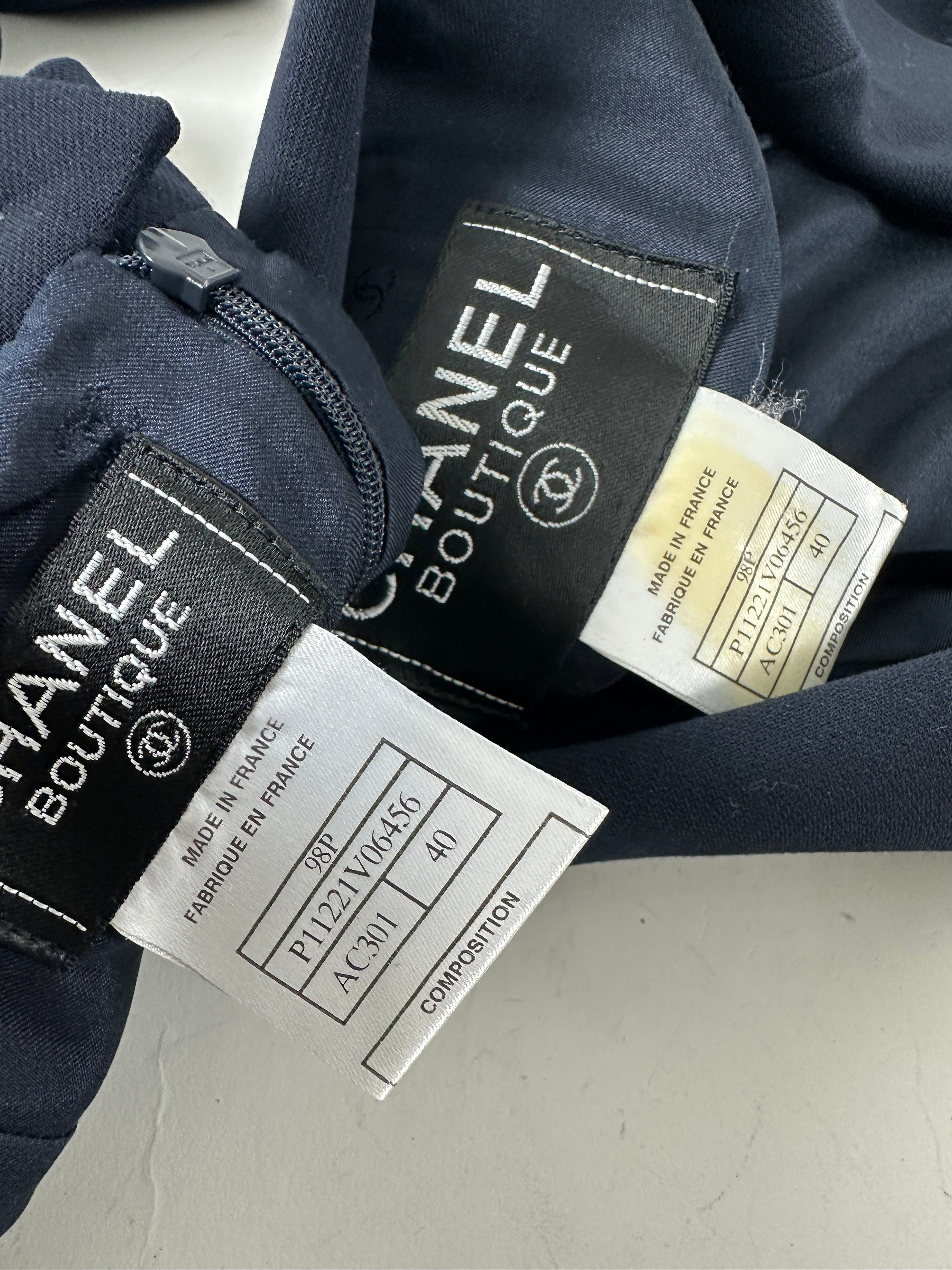 Chanel 98P Navy Blue Wool Fitted Long Skirt Suit with Silver CC Buttons | Women's Luxury Business Attire for Office, Meetings & Formal Events