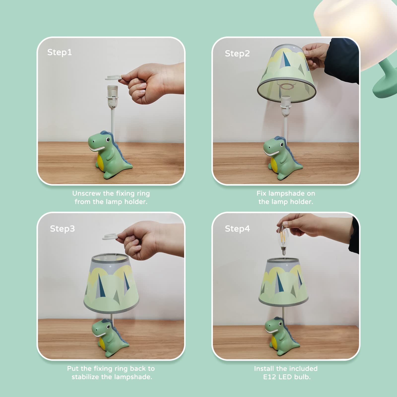 Dinosaur Table Lamp for Kids - 13 Inch LED Bedside Desk Lamp with Barrel Lampshade, Green Dinosaur Night Light for Boys Room Decor | Perfect for Bedtime Reading, Nursery Lighting & Children's Bedroom Accessories