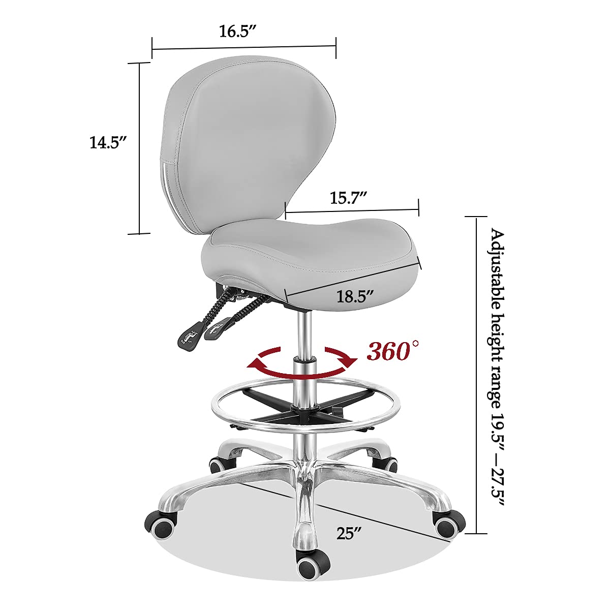 Grace & Grace Adjustable Rolling Drafting Chair with Backrest & Footrest - Ergonomic Office Stool for Computer Work, Studio, Workshop, Classroom, Lab & Home Office - Perfect for Architects, Artists & Remote Workers (Grey)