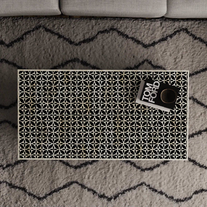 Handmade Bone Inlay Black Floral Design Rectangular Coffee Table - Modern Boho Living Room Furniture for Home Decor