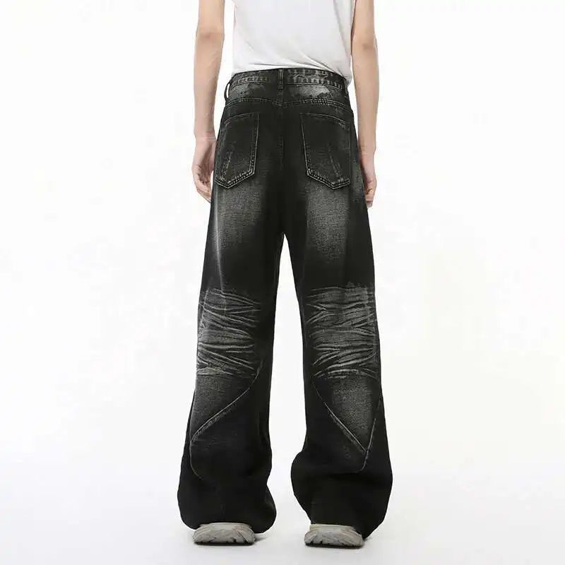 American Style Men's Denim Jeans - Washed Cat Whisker Design with 3D Patchwork, Straight Leg Streetwear Pants for Men (Style 9C8202) | Perfect for Casual Outings, Street Fashion and Everyday Wear