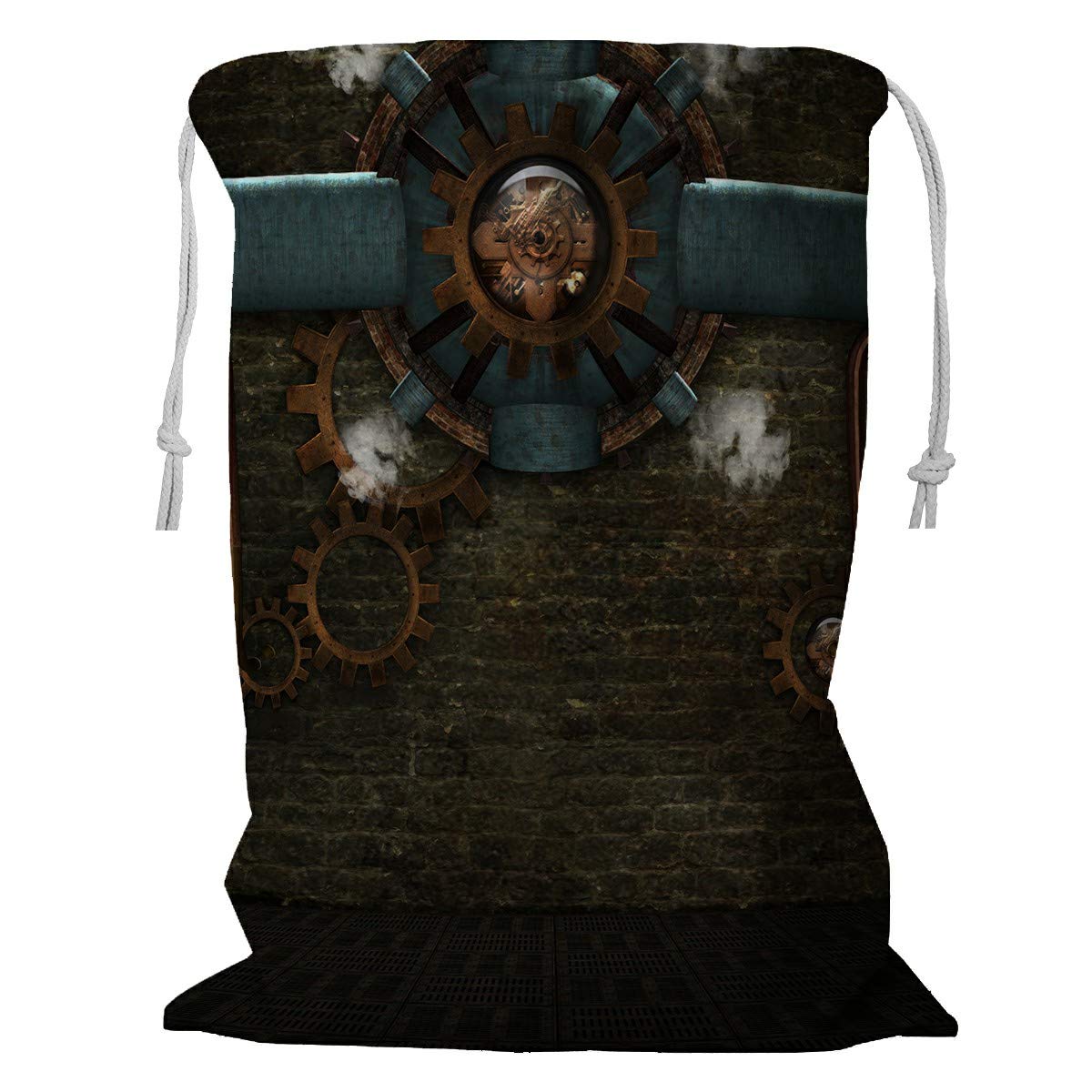 Steampunk Metal Gears & Pipes Storage Basket with Drawstring - 18x24 Inch Vintage Industrial Laundry Bag for Costume Props, Home Decor & Cosplay Accessories