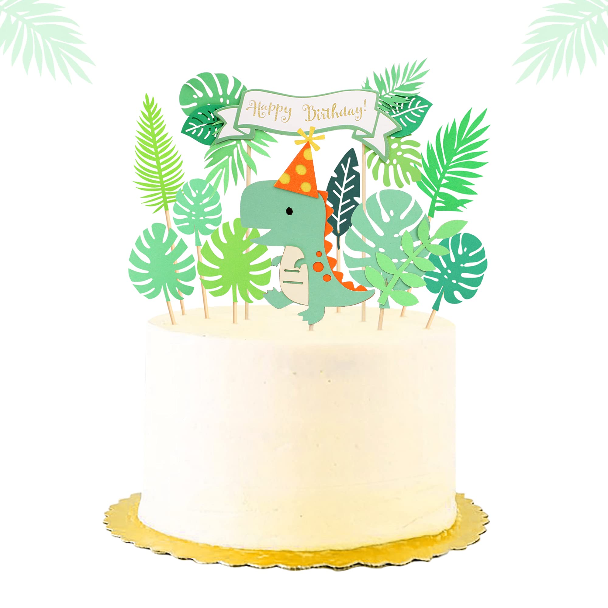 10Pcs Dinosaur Cake Toppers - Happy Birthday Party Decorations with Forest Green Leaves for Jungle Theme Baby Shower, Kids Birthday Cakes - Perfect for Dinosaur Themed Parties and Cake Decorating
