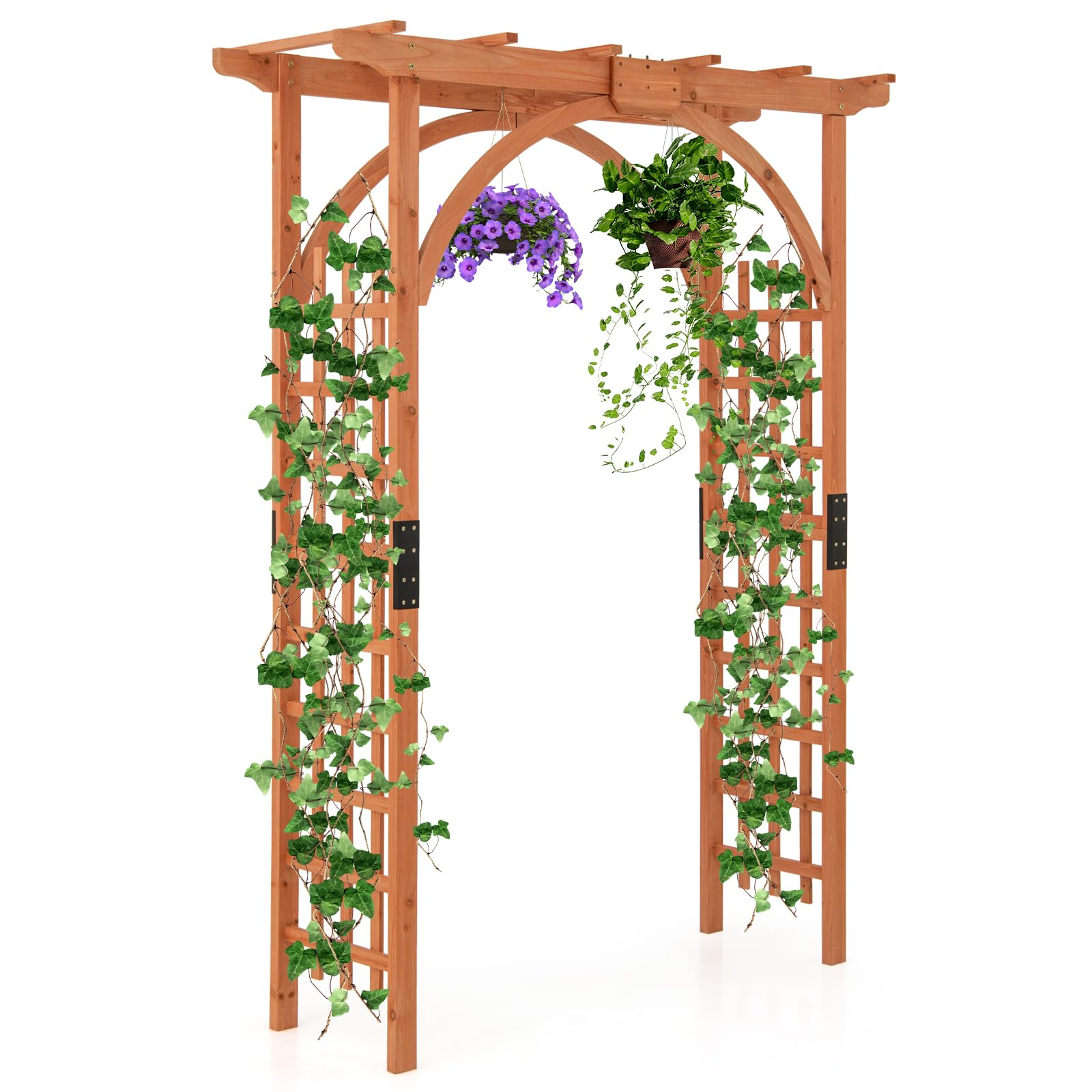 Happygrill 84 Inch Wooden Garden Arbor with Decorative Hanging Roof & Climbing Trellis - Outdoor Archway Pergola for Climbing Plants, Wedding Decorations, Lawn & Party Events - Perfect for Backyard, Patio and Garden Landscaping