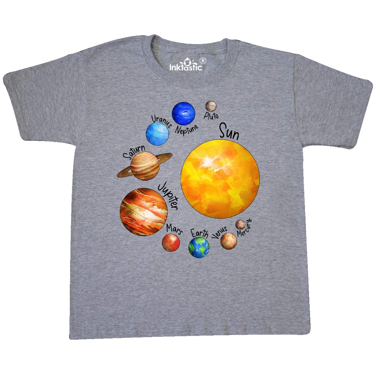 Inktastic Sun and Planets - Yes, and Pluto Youth T-Shirt | Space Astronomy Solar System Graphic Tee for Kids | School Science Day & Space Theme Birthday Party Outfit