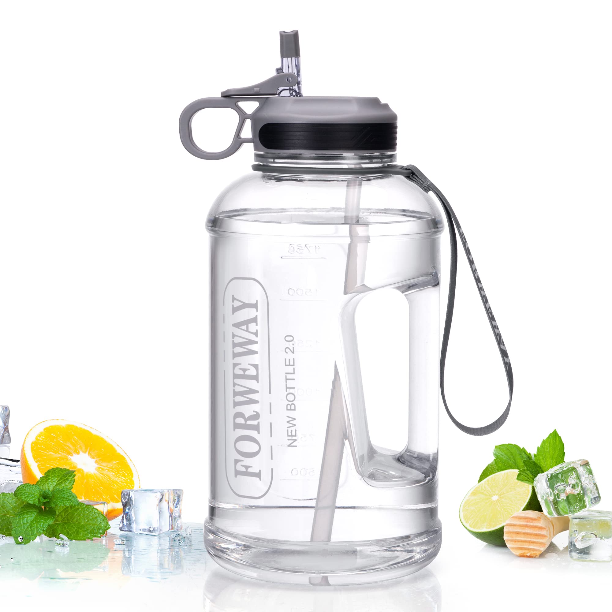 **2.2L (74oz) Large Leakproof Sports Water Bottle with Straw & Handle - BPA Free Half Gallon Water Jug for Camping, Hiking, Gym & Outdoor Activities (Clear)**