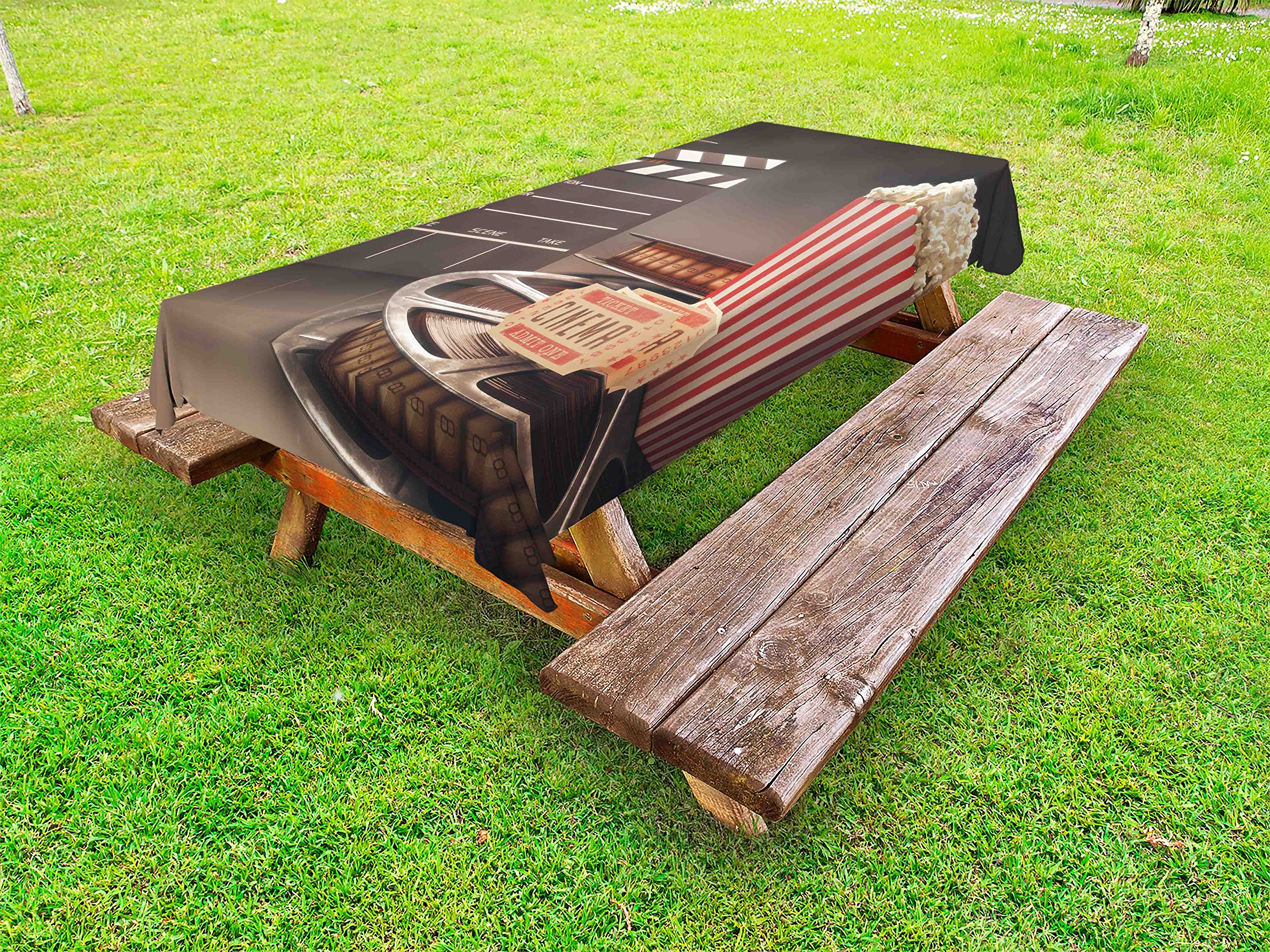 Ambesonne Vintage Movie Theater Tablecloth - Washable Outdoor Picnic Table Cover 58x120 Inches, White & Yellow - Perfect for Cinema Themed Parties, Backyard BBQs, and Film Enthusiast Gatherings