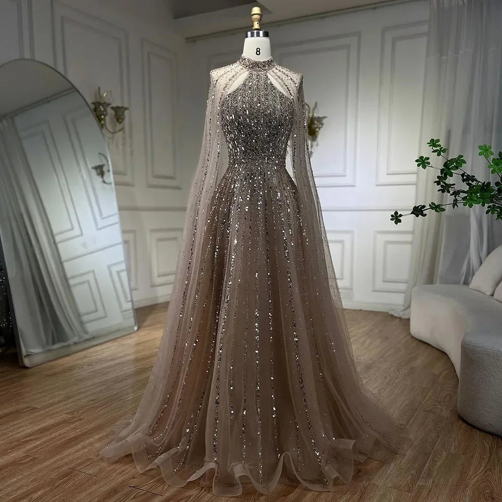 Elegant Arabic Turquoise A-Line Cape Sleeve Beaded Evening Gown for Women - Luxury Dubai Wedding Party Dress LA72306A | Perfect for Formal Events, Galas & Special Occasions