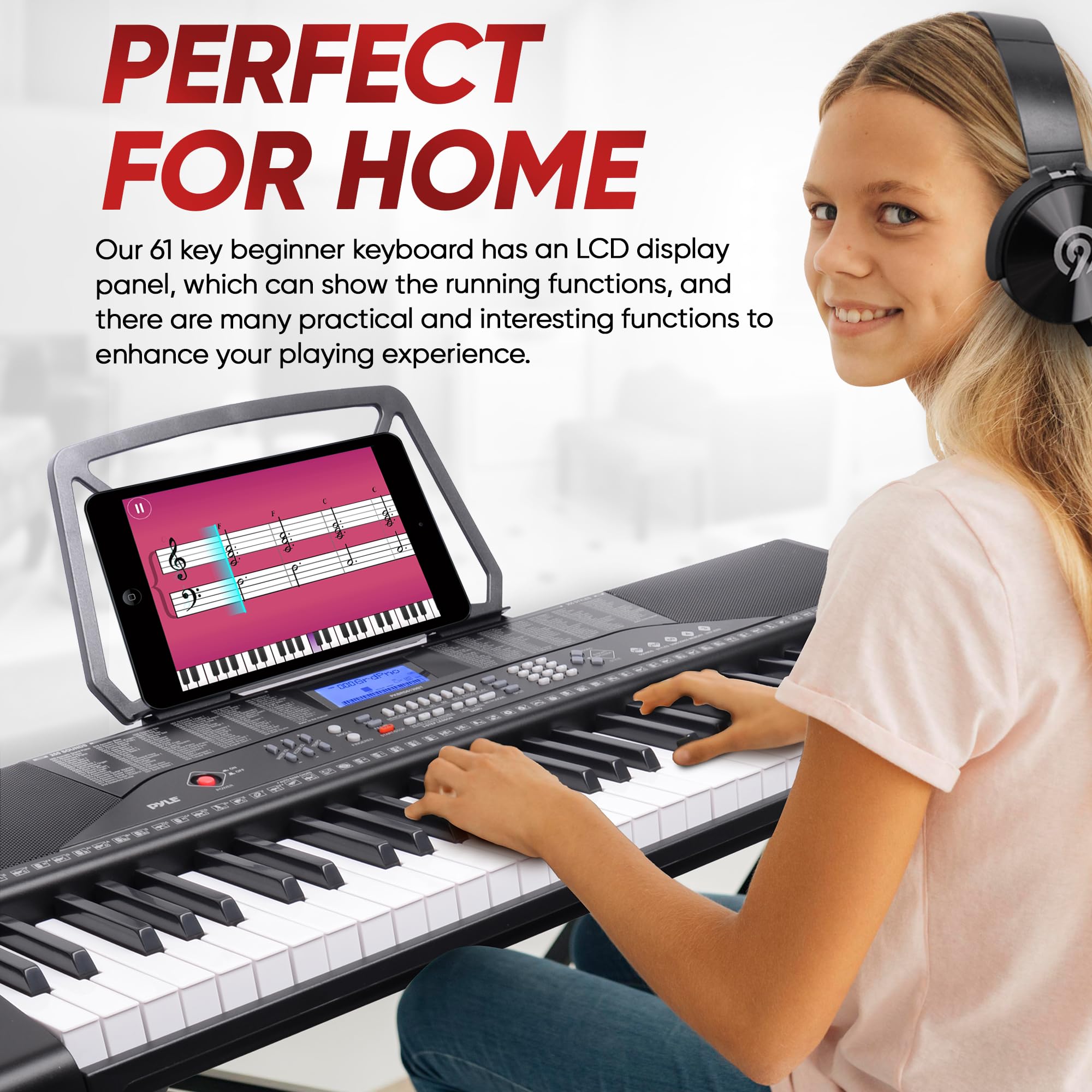 PYLE 61-Key Portable Electric Keyboard Piano with LCD Display, Karaoke Function, Headphones, Stand & Stool - Ideal for Beginners, Home Practice & Music Lessons