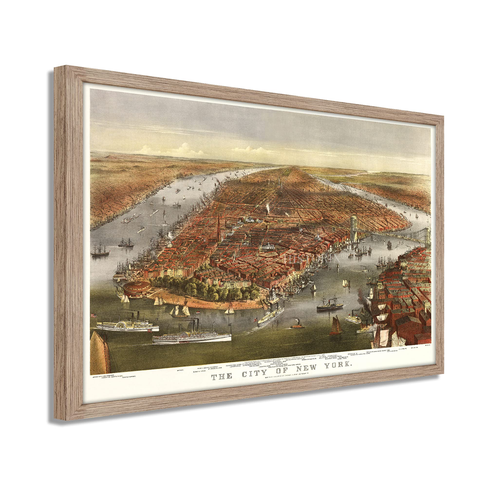 Vintage 1870 New York City Map Poster - 17x25 Inch Light Walnut Framed Wall Art - Restored Historic NYC Map - Perfect for Home Decor, Office & Classroom