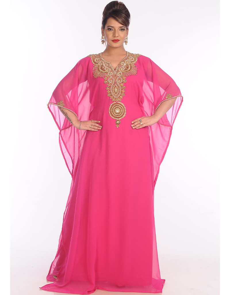Elegant Arabic Pink Georgette Kaftan with Hand Embroidery - Perfect for Parties, Weddings & Special Occasions | Women's Luxury Evening Wear
