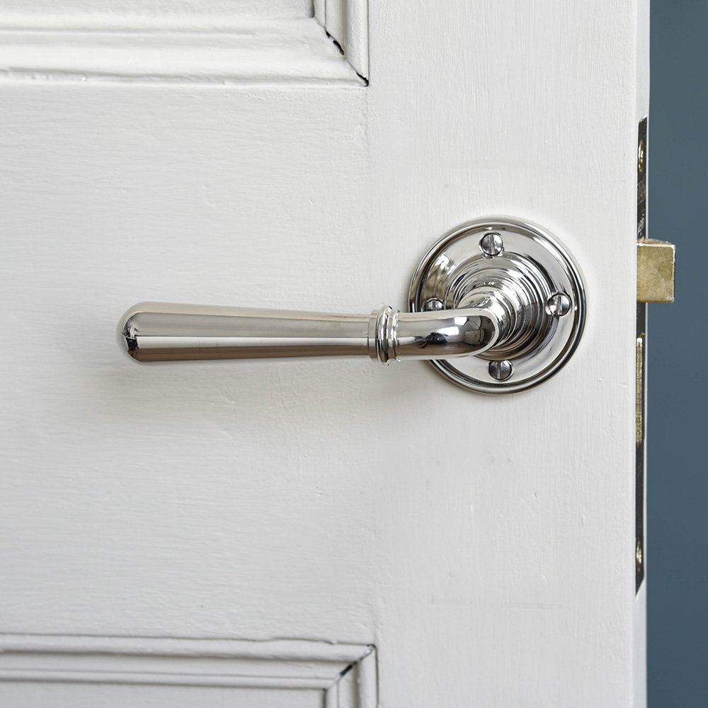 Polished Nickel Newbury Lever Door Handles with Rose Backplate - Elegant Interior Door Hardware for Bedroom, Bathroom & Closet Doors