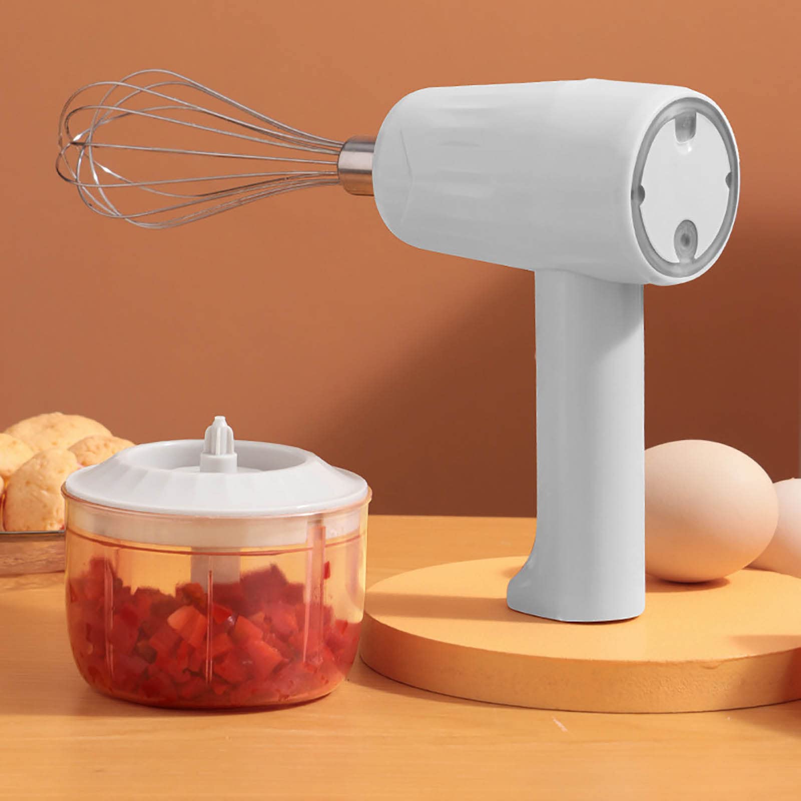 2 in 1 Wireless Hand Mixer & Food Chopper - USB Rechargeable Mini Kitchen Blender for Mixing, Chopping, Beating & Mincing Garlic/Meat - Portable Cooking Tool for Baking, Smoothies & Food Prep (White)
