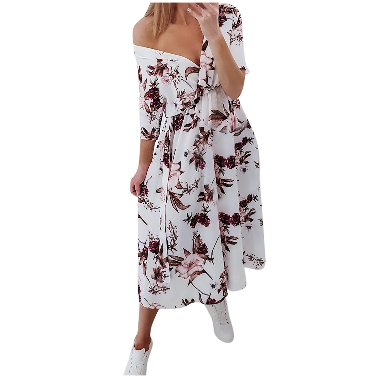 Smooto Floral Print Patchwork Short Sleeve Maxi Dress for Women - Summer Beach Vacation Dress, Sexy Midi Dress in Brown Size M | Perfect for Pool Parties, Tropical Getaways & Casual Outings